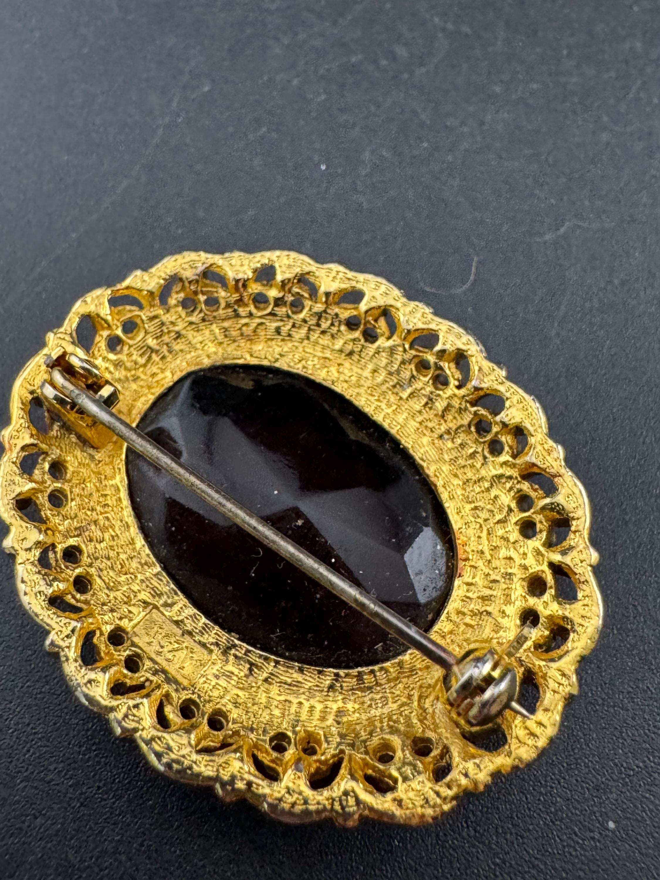 vintage brooch large brown cognac glass stone roll clasp 1960s