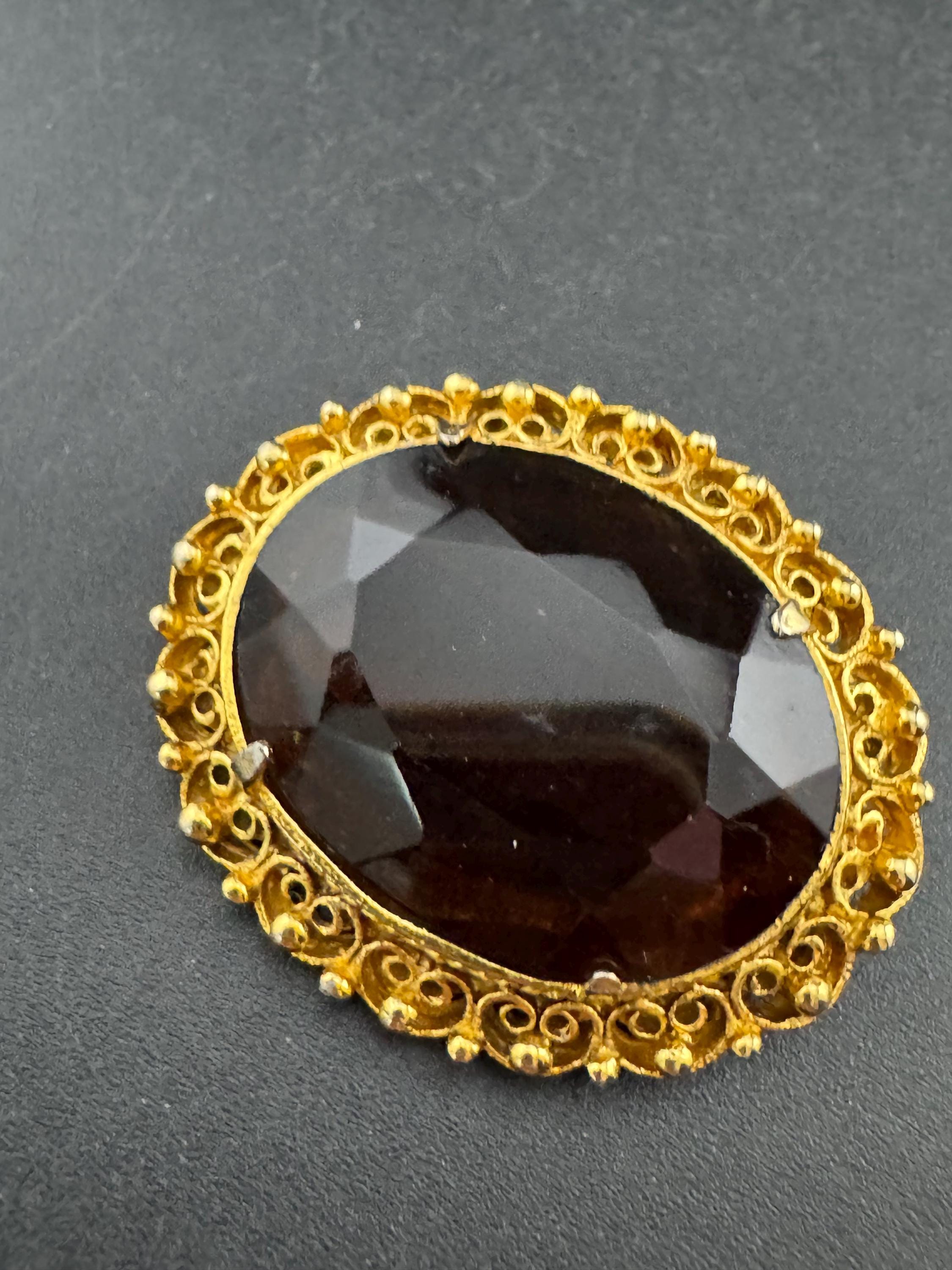 vintage brooch large brown cognac glass stone roll clasp 1960s