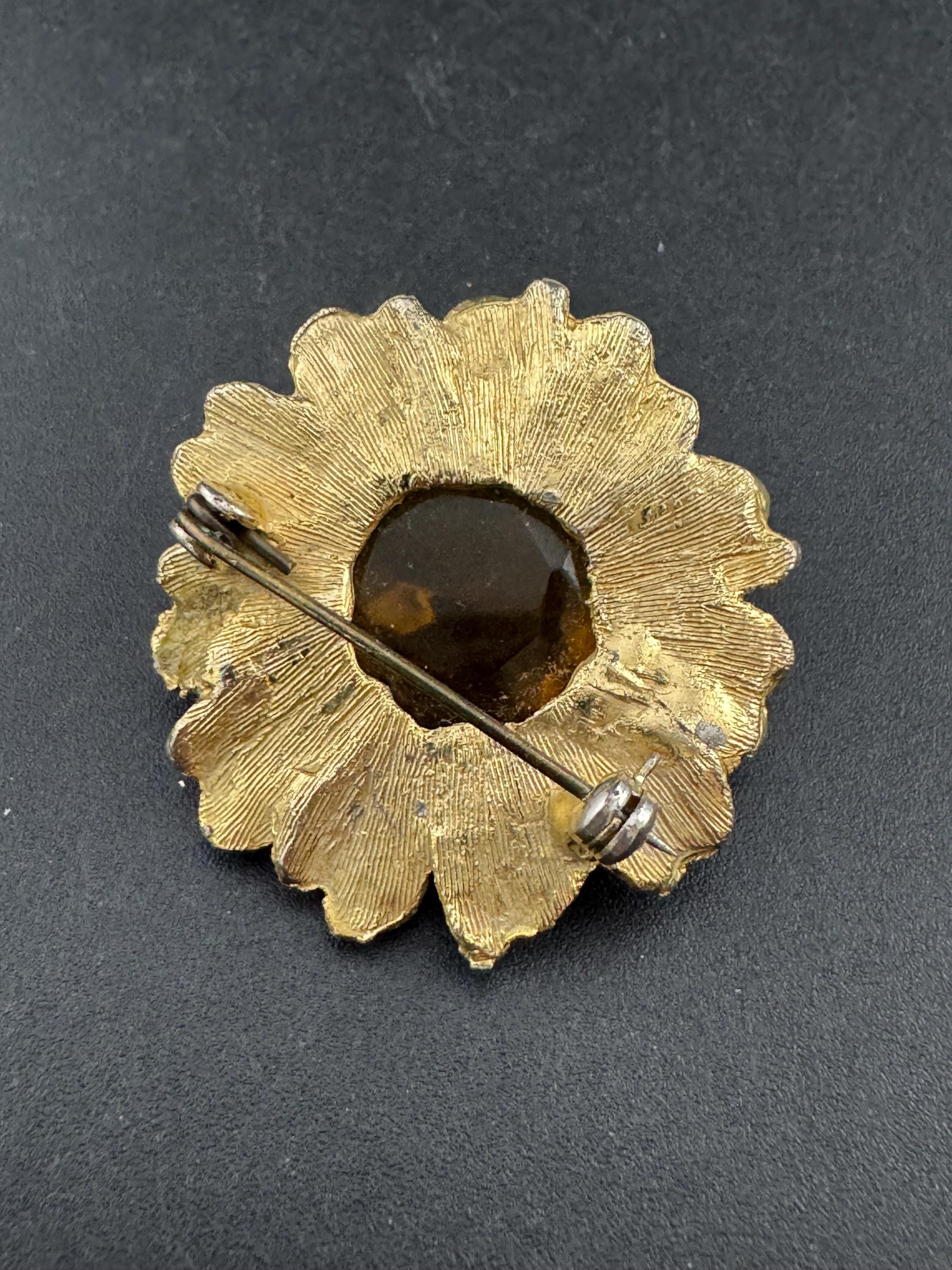vintage citrine amber orange glass cabuchon glass brooch , floral