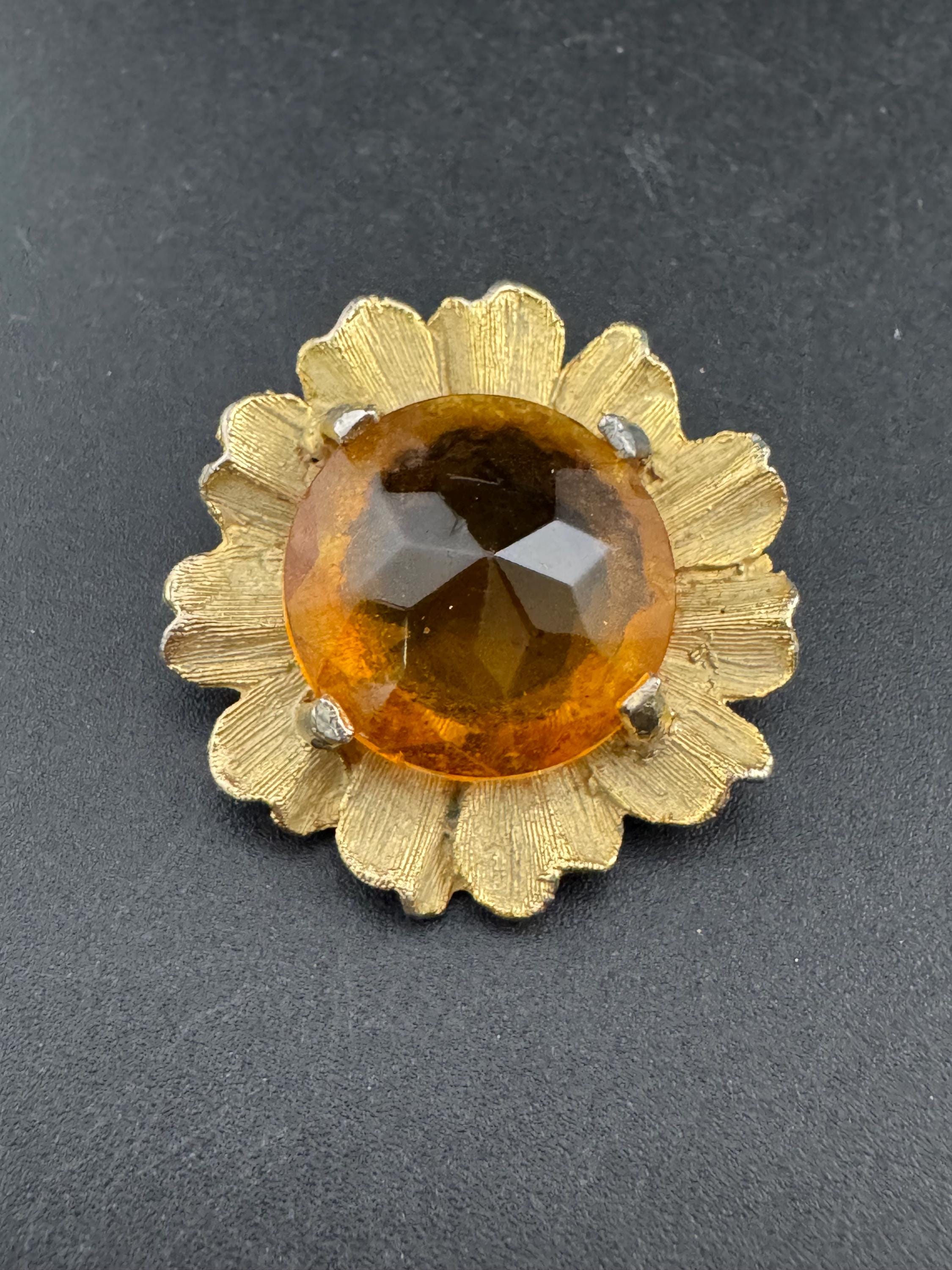 vintage citrine amber orange glass cabuchon glass brooch , floral