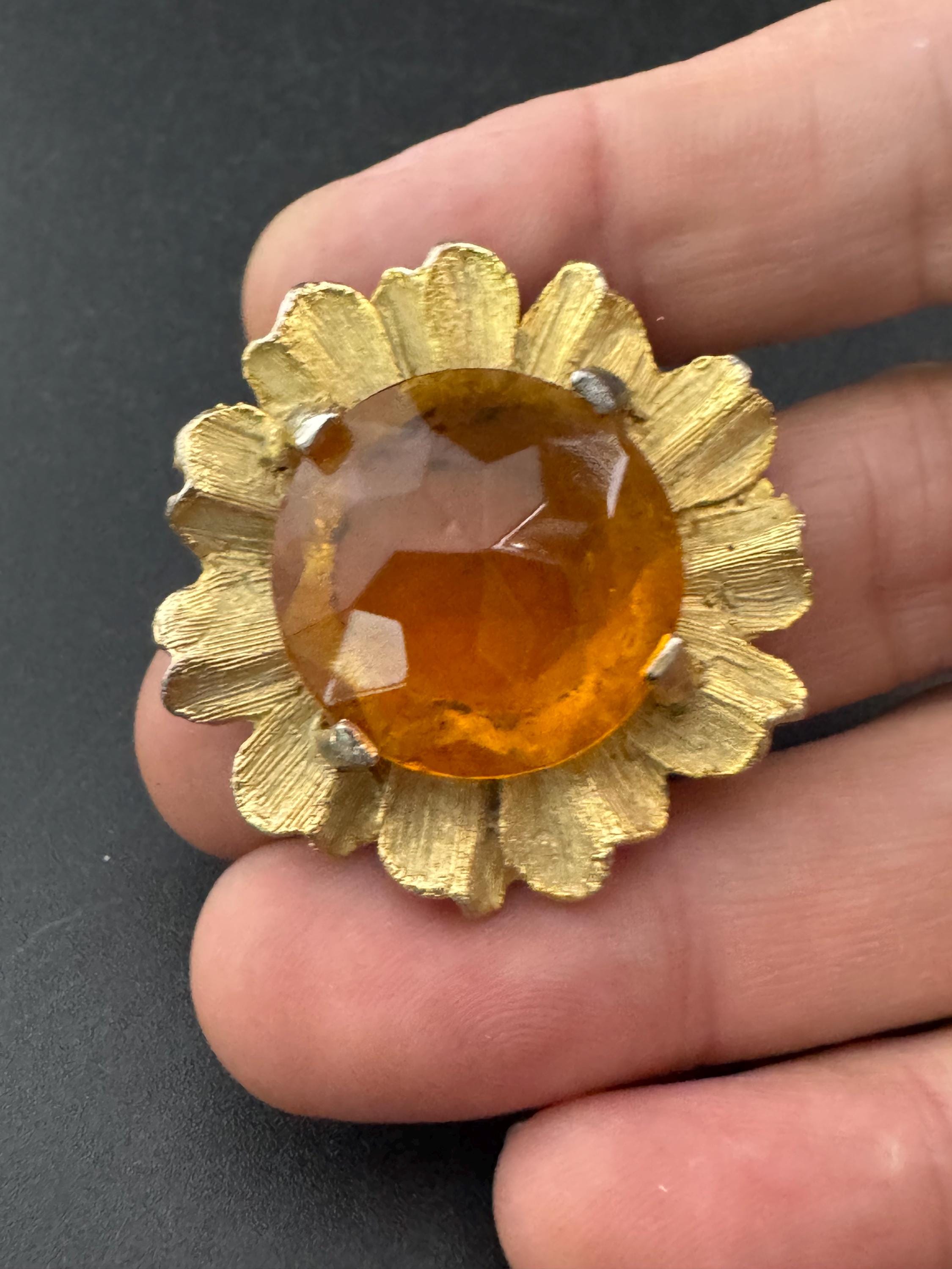 vintage citrine amber orange glass cabuchon glass brooch , floral