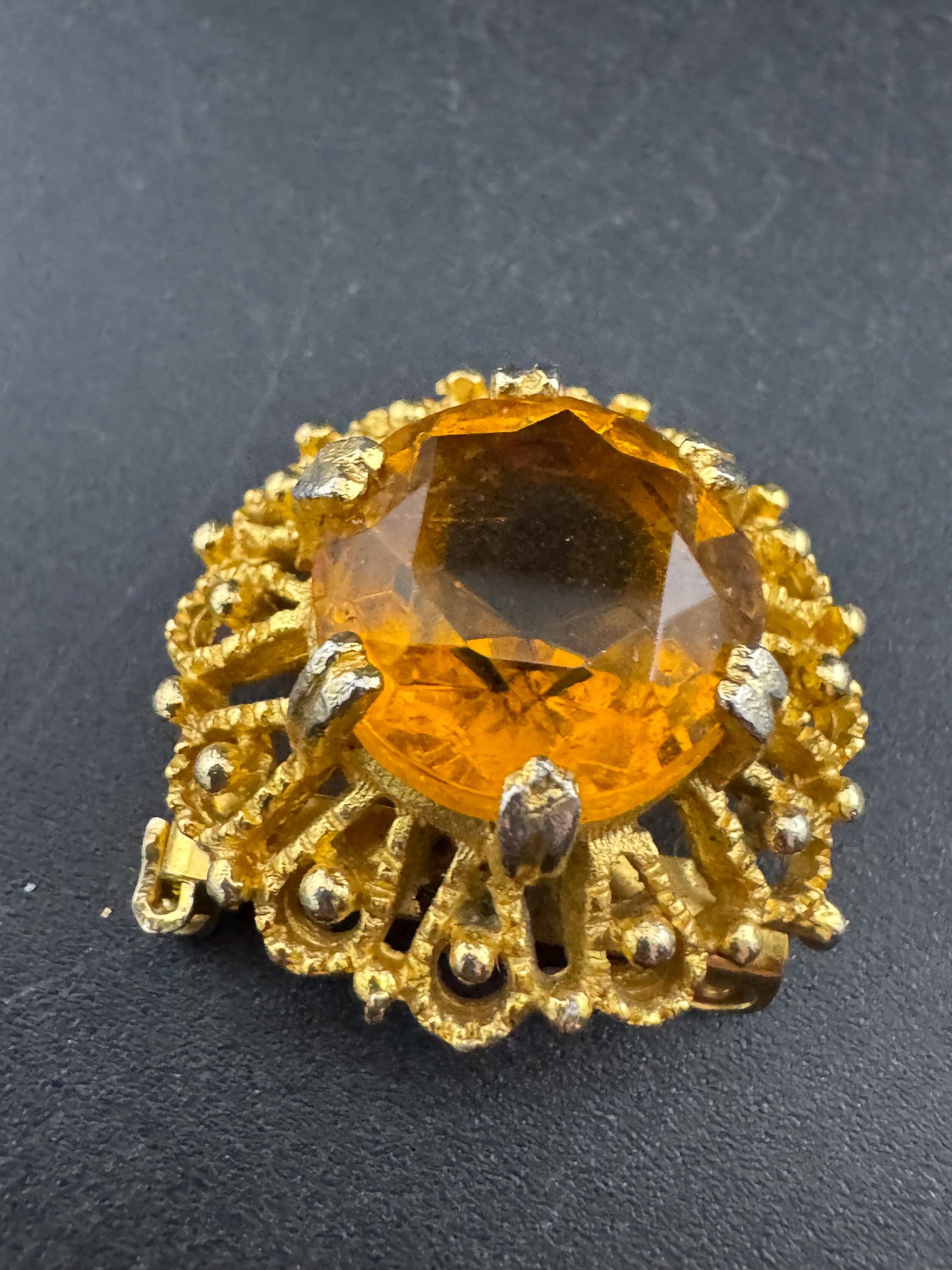 vintage citrine amber orange glass cabuchon glass brooch and pendant , floral
