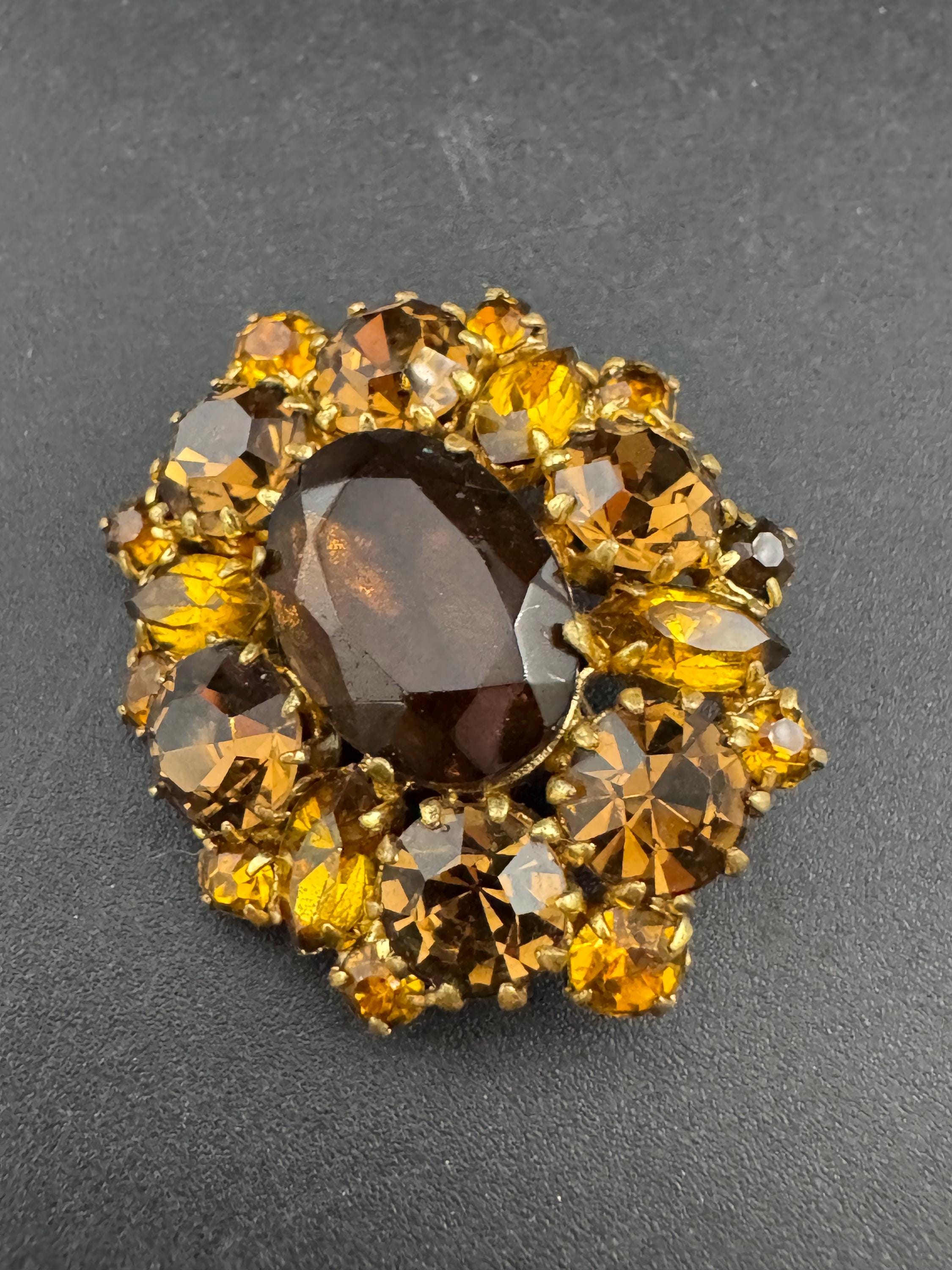 vintage orange citrine and brown cognac glass open back brooch 1950s