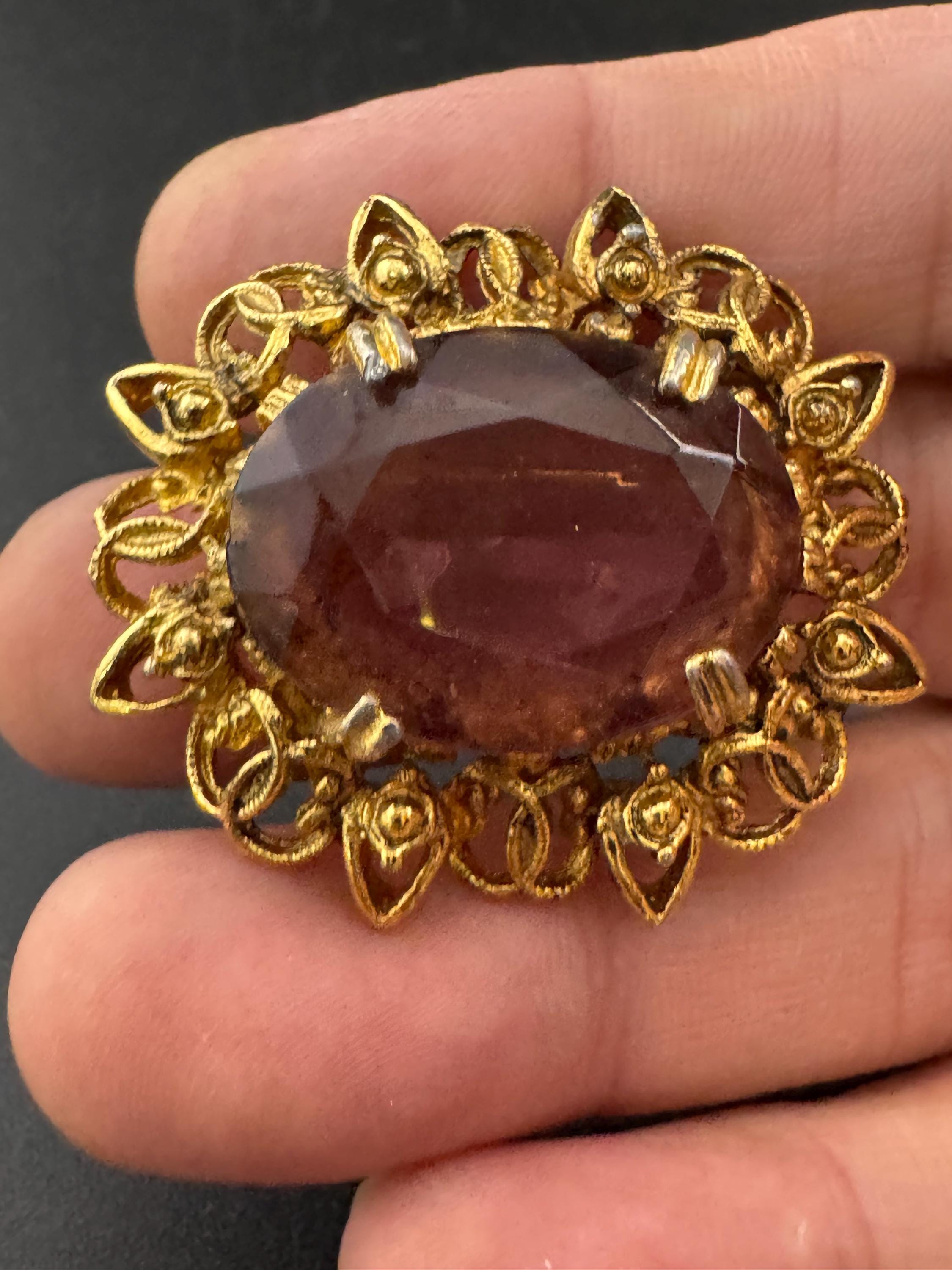 Vintage Scottish style amethyst diamanté big purple glass Brooch