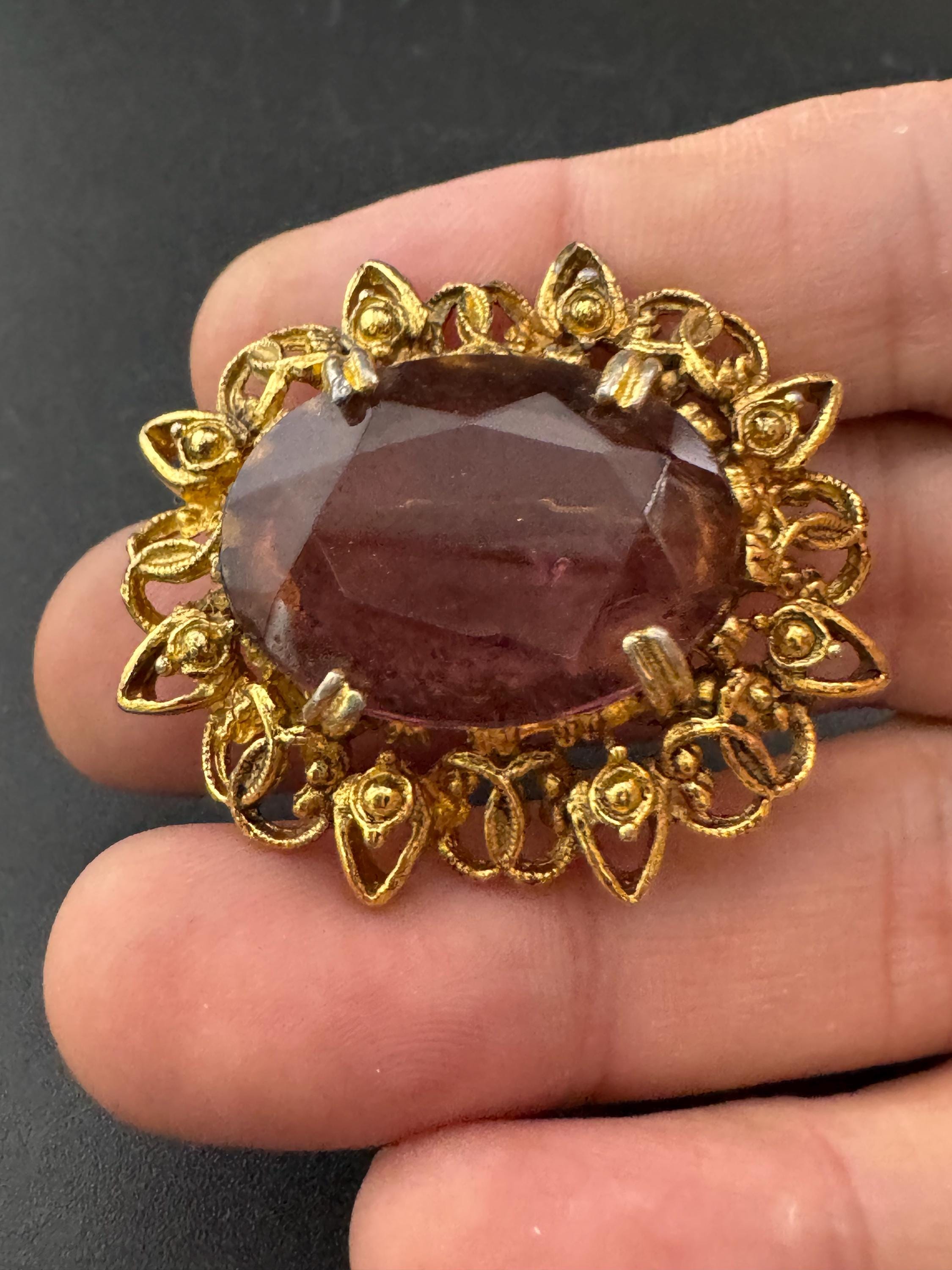 Vintage Scottish style amethyst diamanté big purple glass Brooch