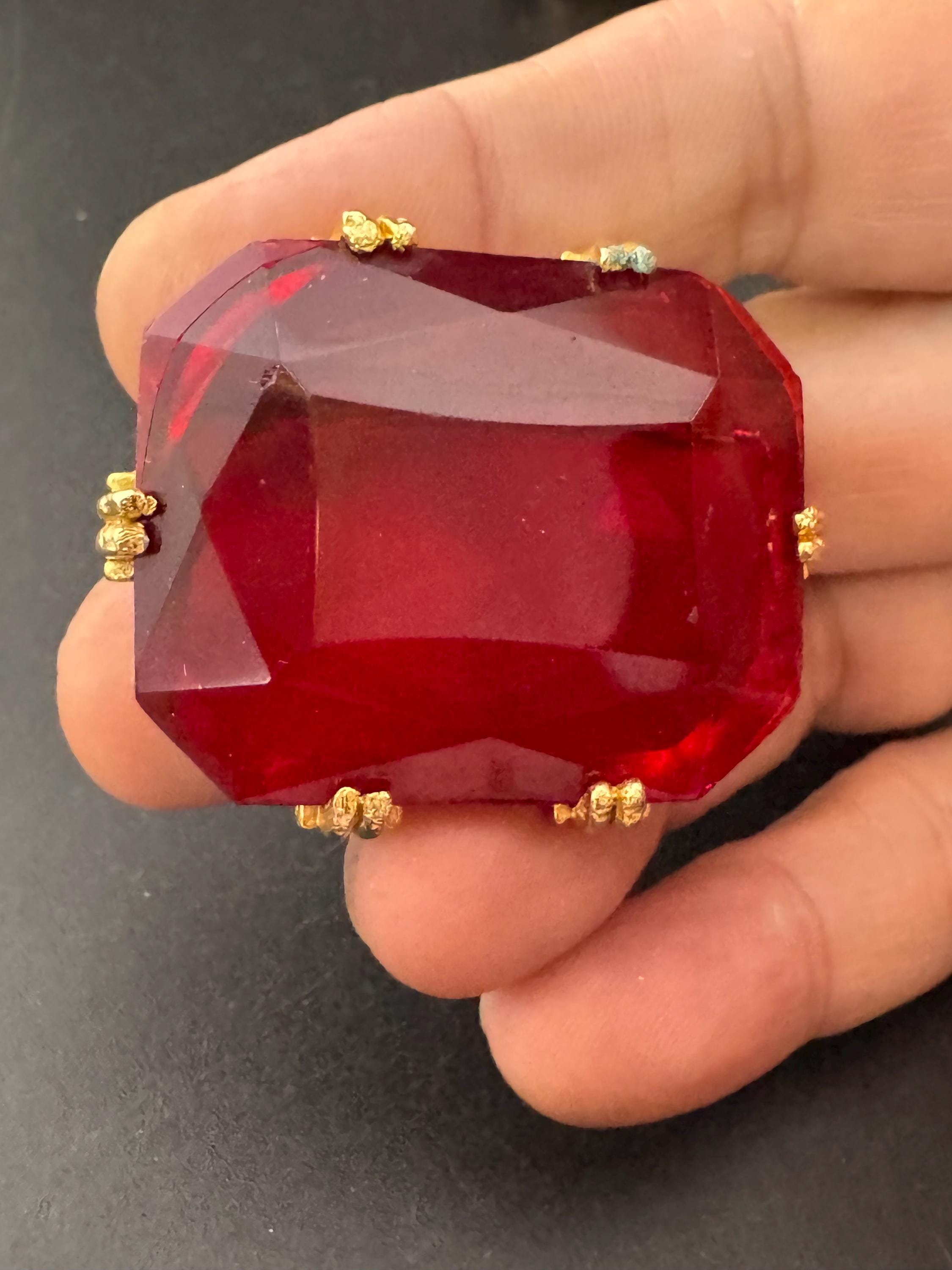 XL vintage bright ruby red faceted rectangular glass brooch