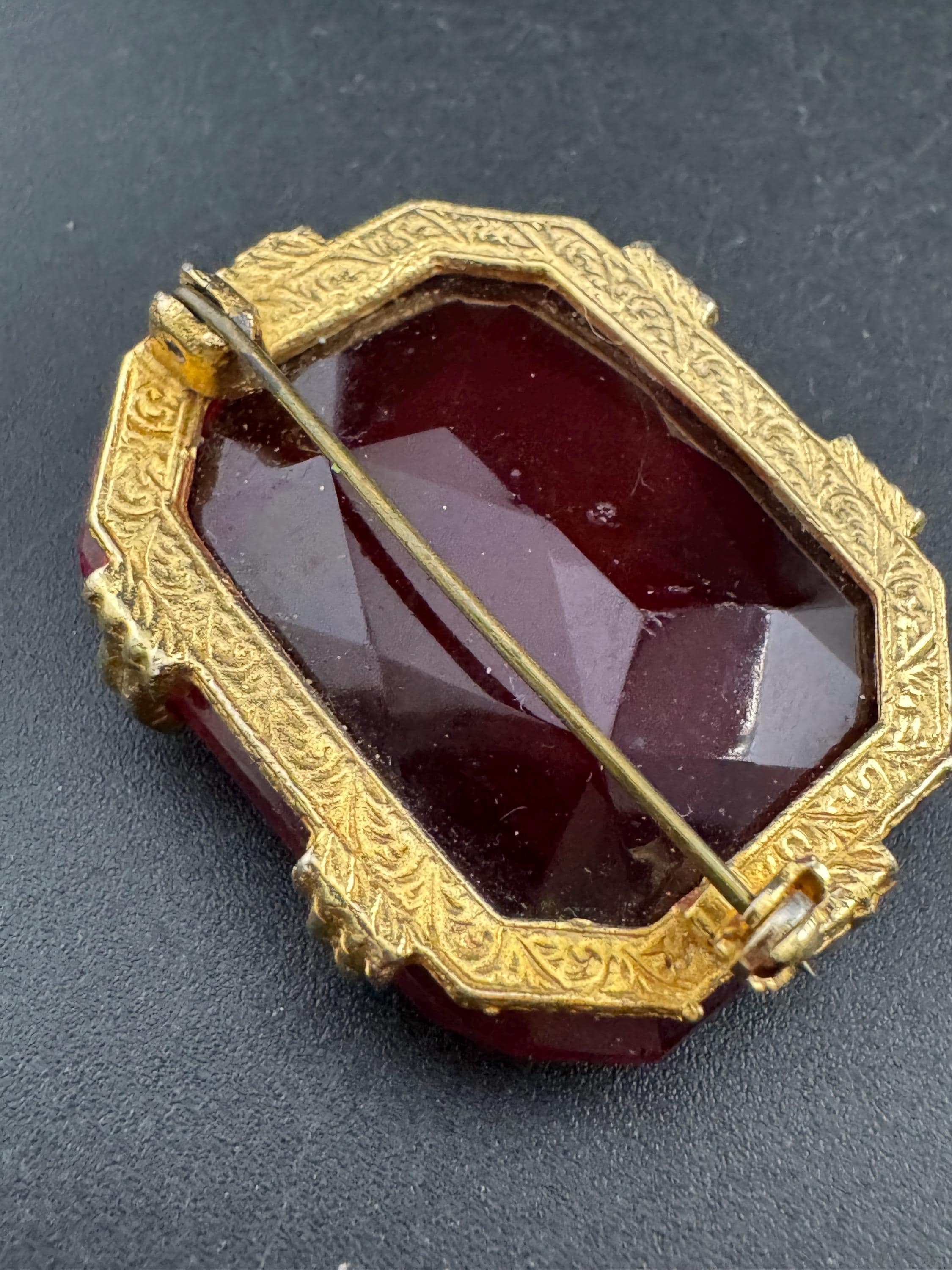 XL vintage bright ruby red faceted rectangular glass brooch