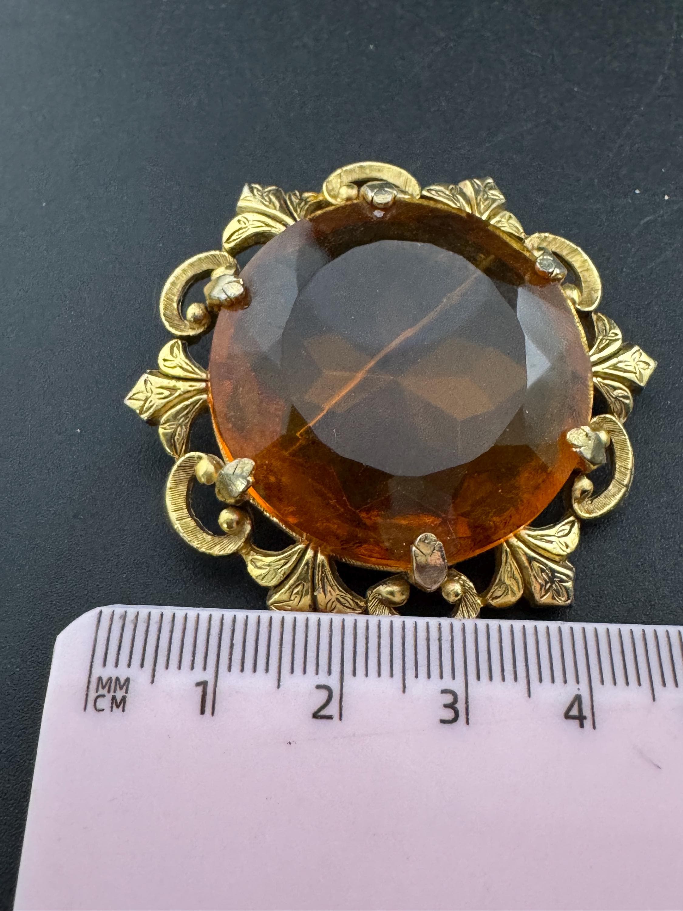 Signed SPHINX Brooch: Vintage Gold Tone Orange citrine Glass, Mid-Century Modern