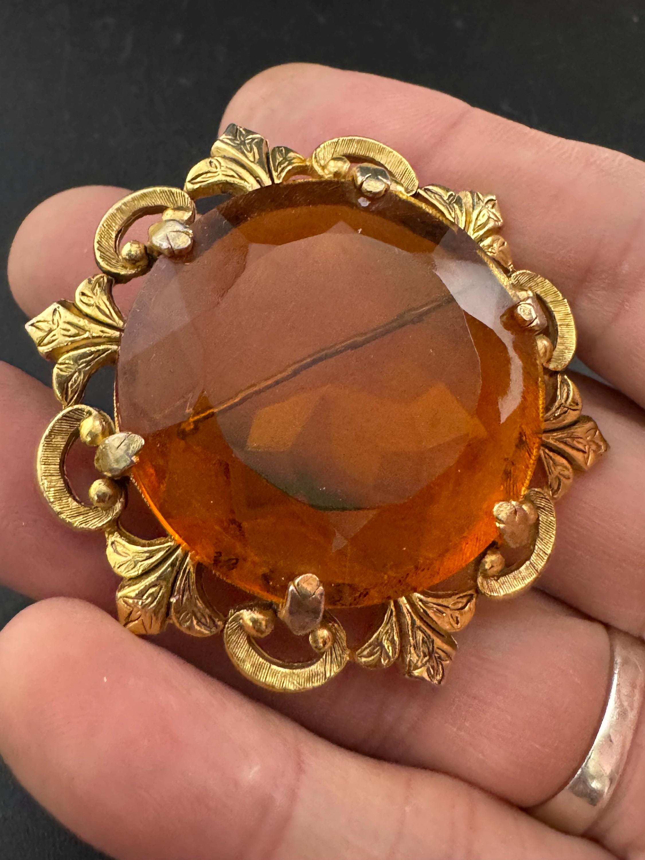 Signed SPHINX Brooch: Vintage Gold Tone Orange citrine Glass, Mid-Century Modern