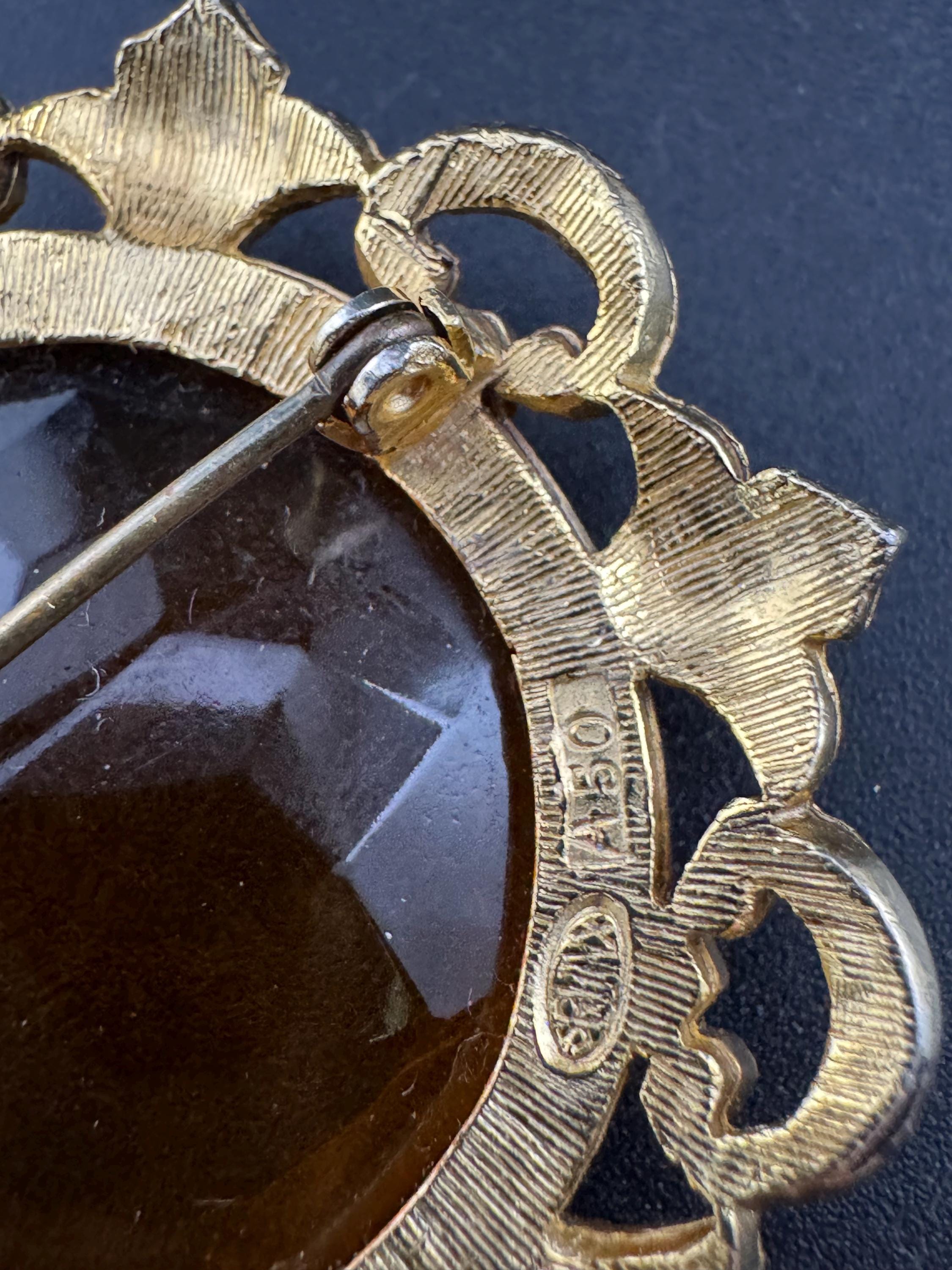 Signed SPHINX Brooch: Vintage Gold Tone Orange citrine Glass, Mid-Century Modern