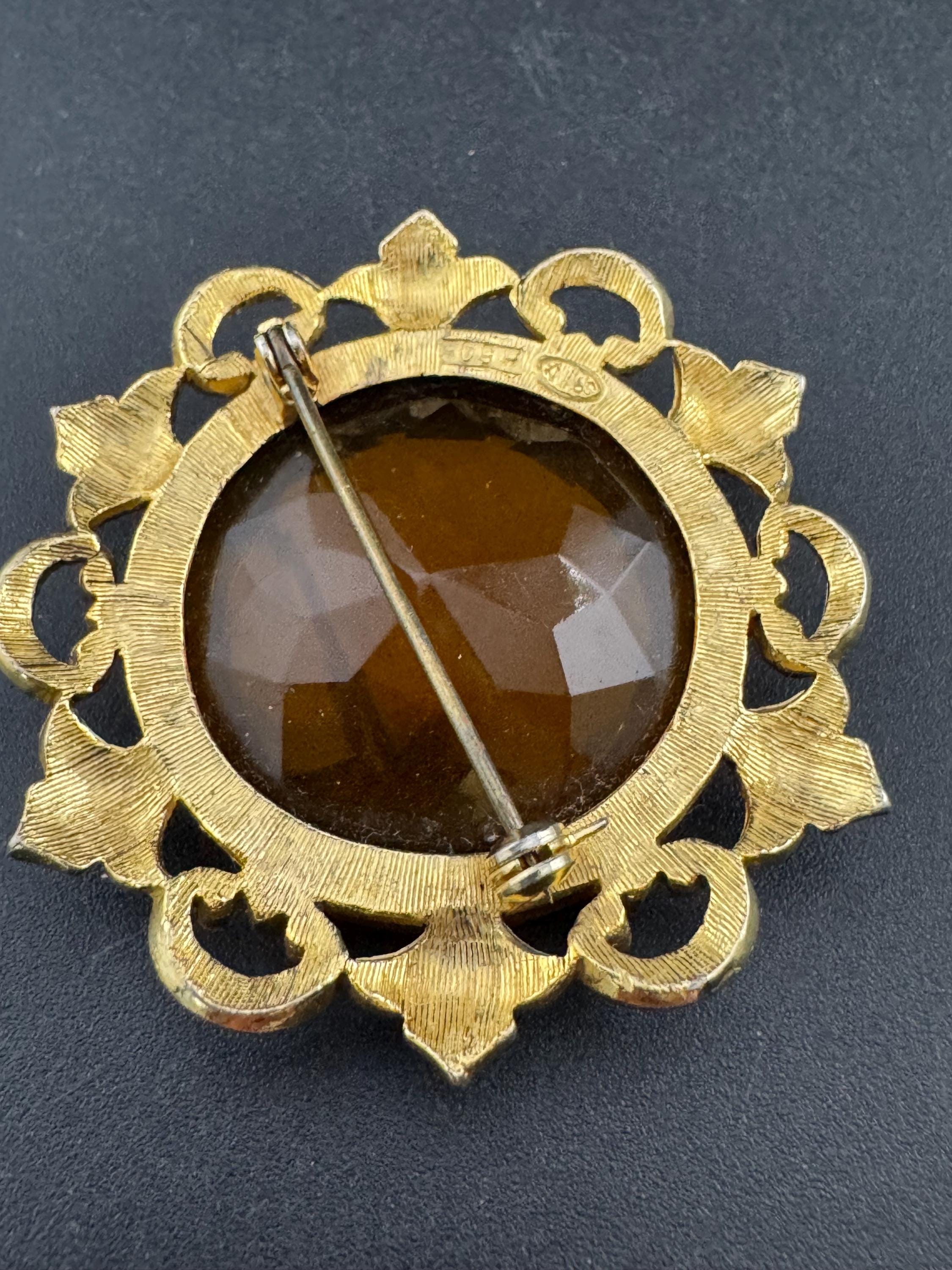 Signed SPHINX Brooch: Vintage Gold Tone Orange citrine Glass, Mid-Century Modern