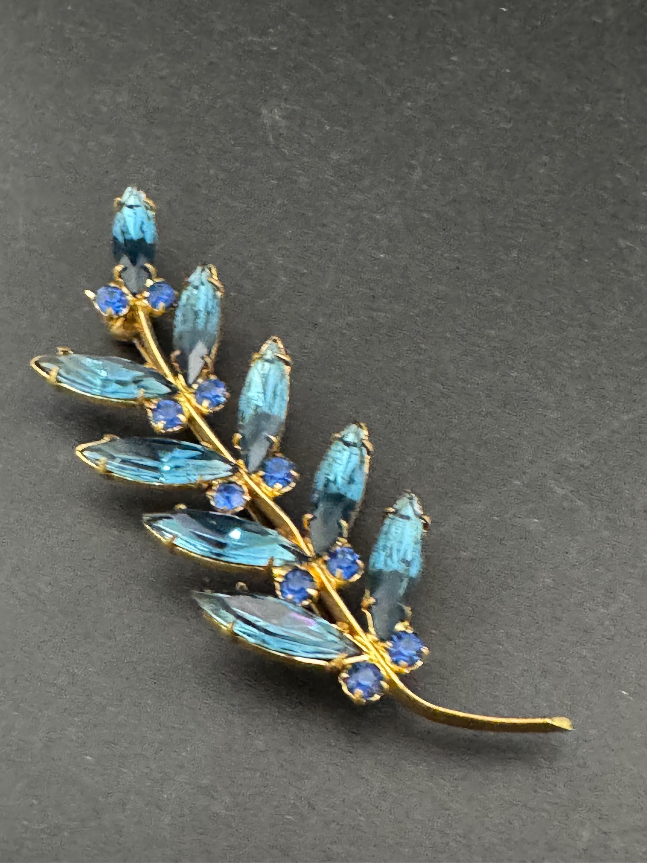 Vintage sapphire blue Faceted navette glass Diamanté floral Brooch