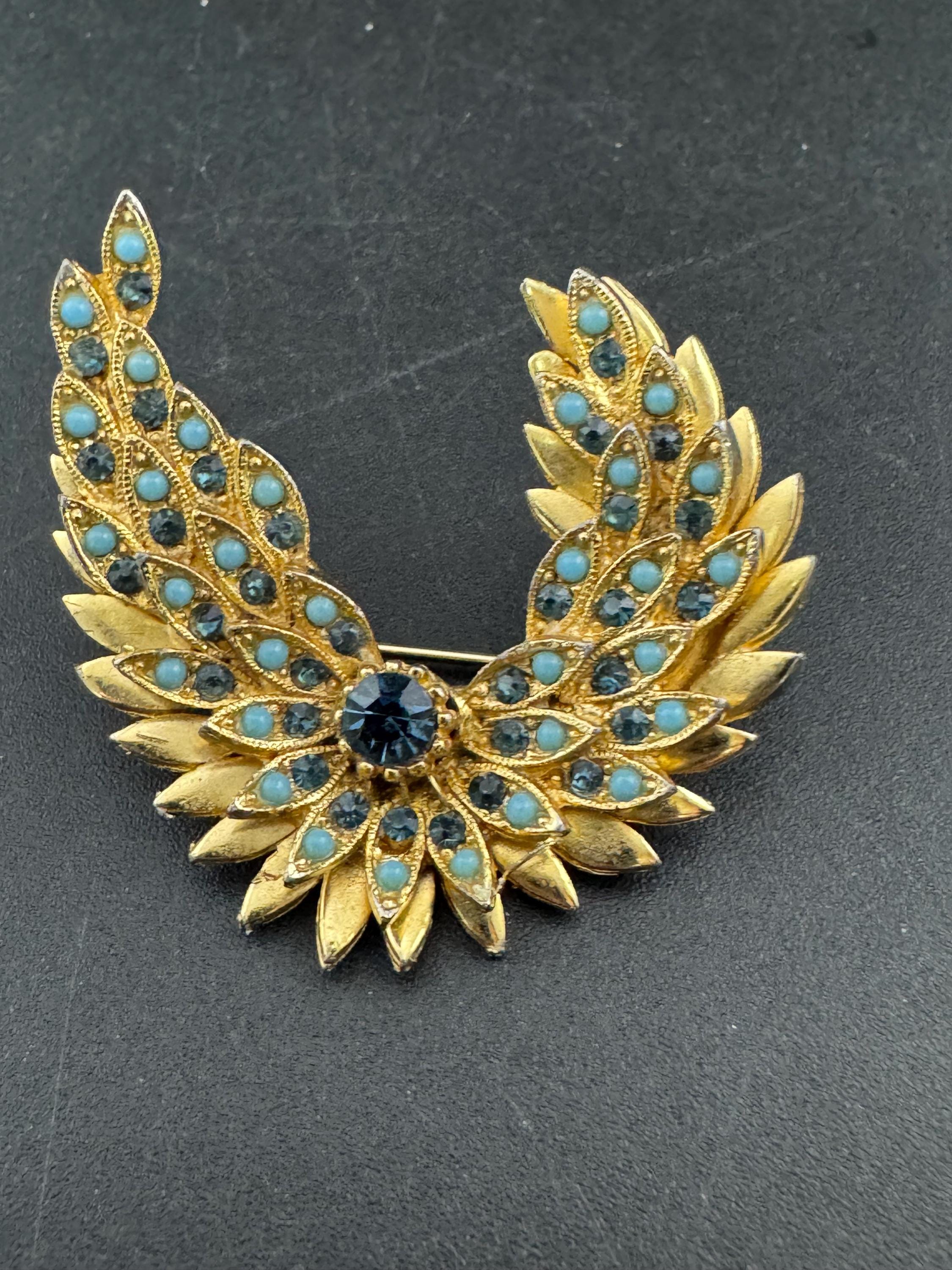 Vintage sapphire blue Faceted navette glass Diamanté floral Brooch