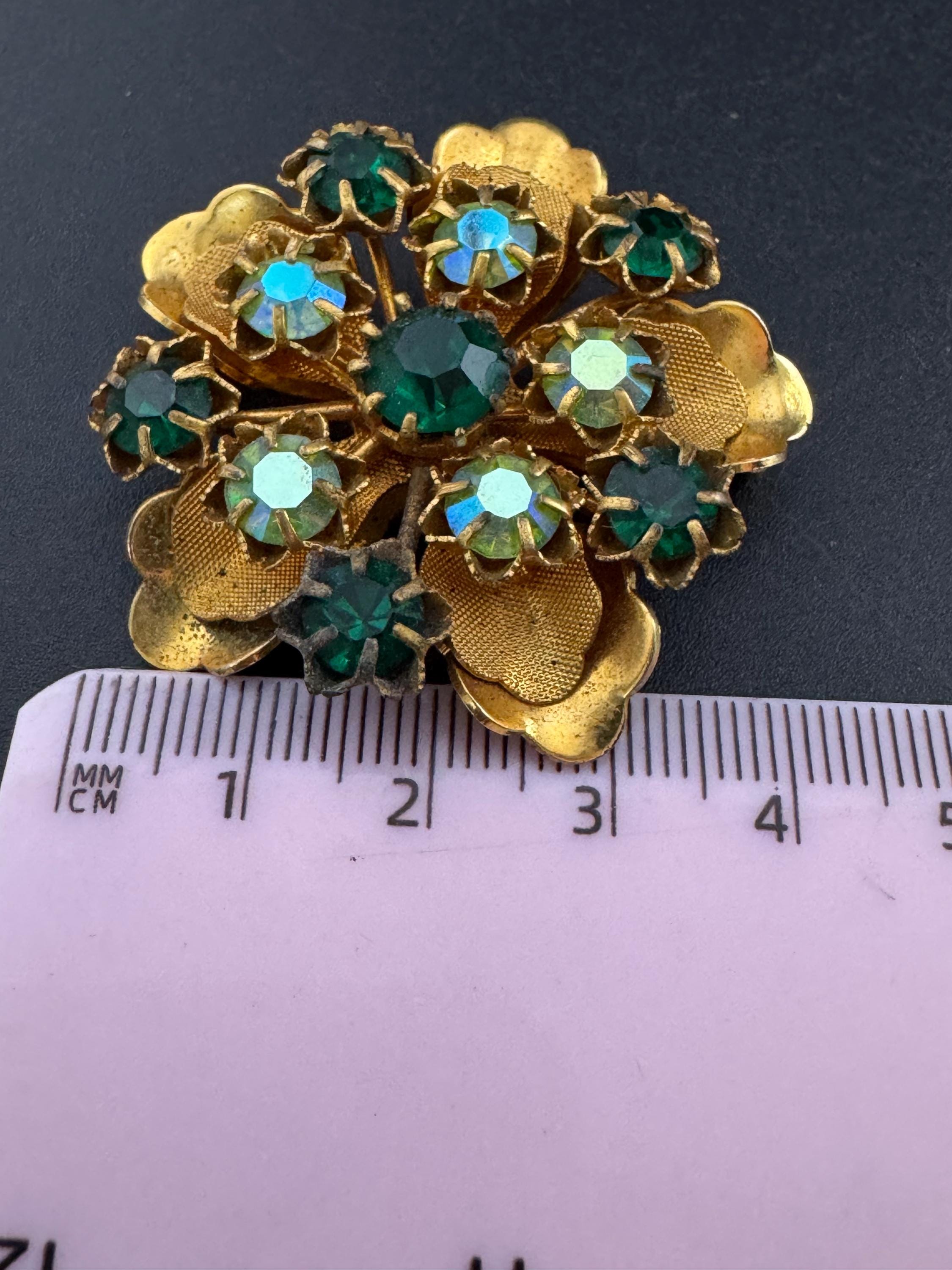 Antique Art Deco Czech gold plated emerald rhinestone AB crystal brooch