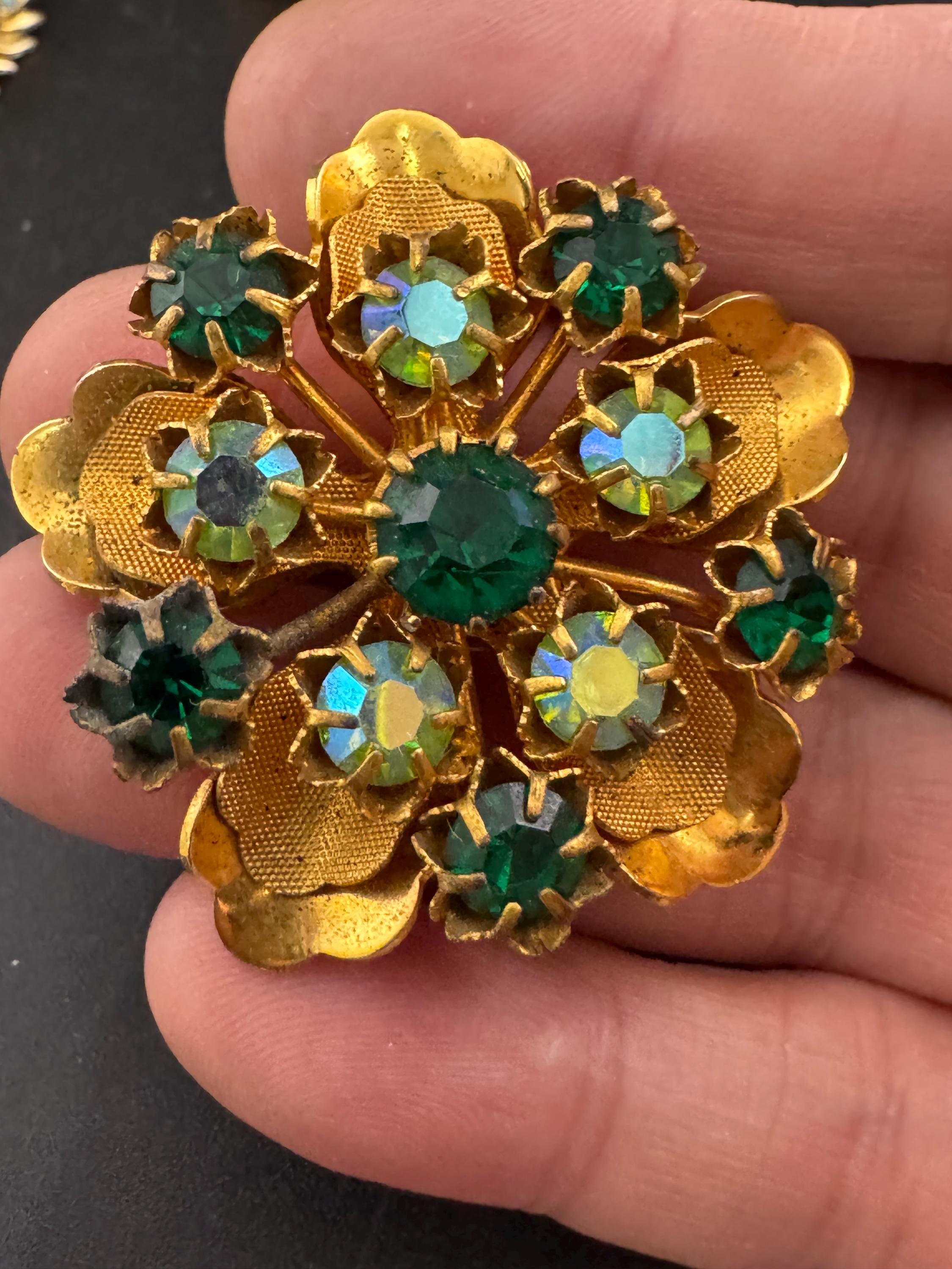 Antique Art Deco Czech gold plated emerald rhinestone AB crystal brooch