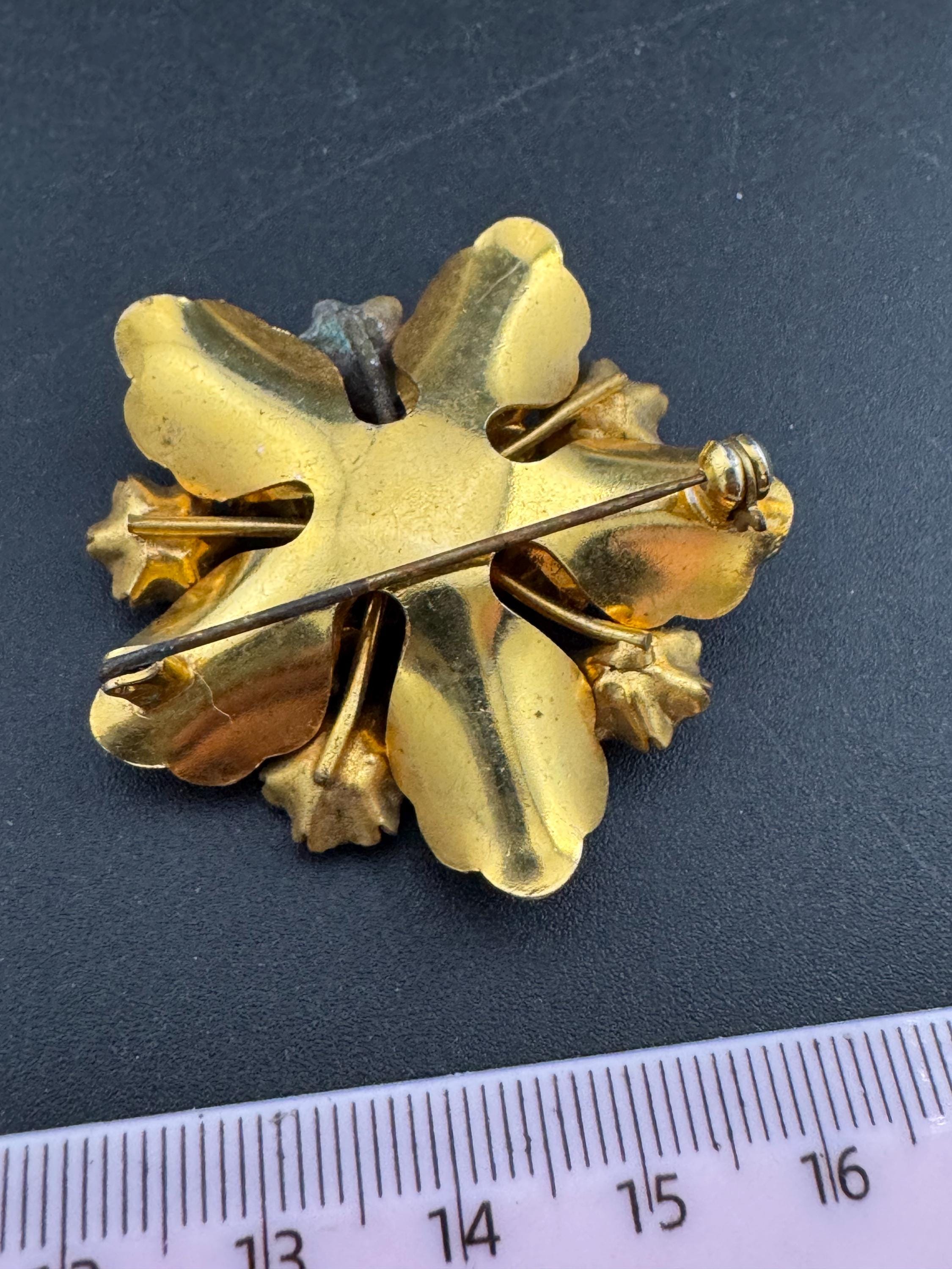 Antique Art Deco Czech gold plated emerald rhinestone AB crystal brooch