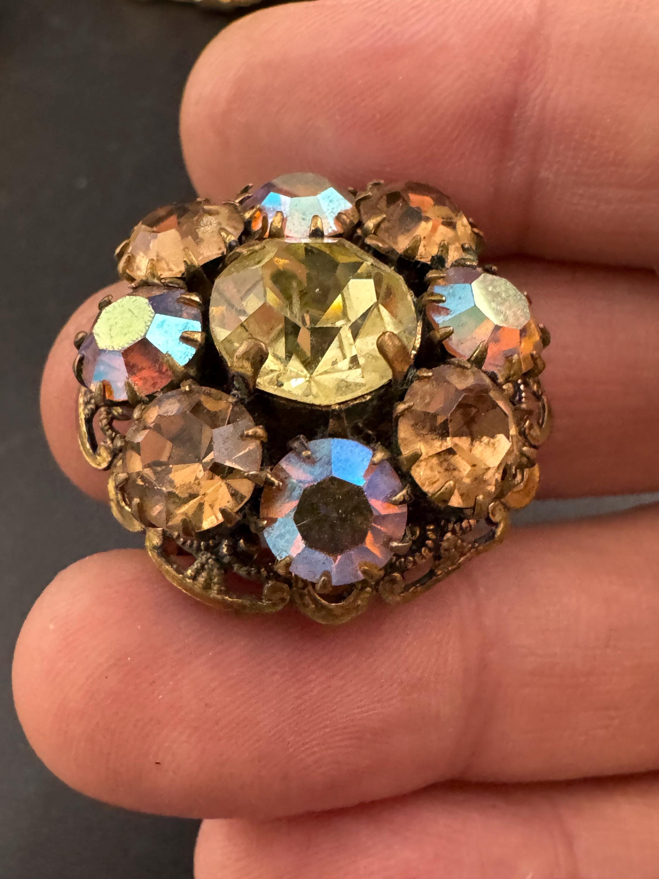 Antique Art Deco Czech Brooch: Gilt Filigree, yellow AB Aurora borealis Rhinestones