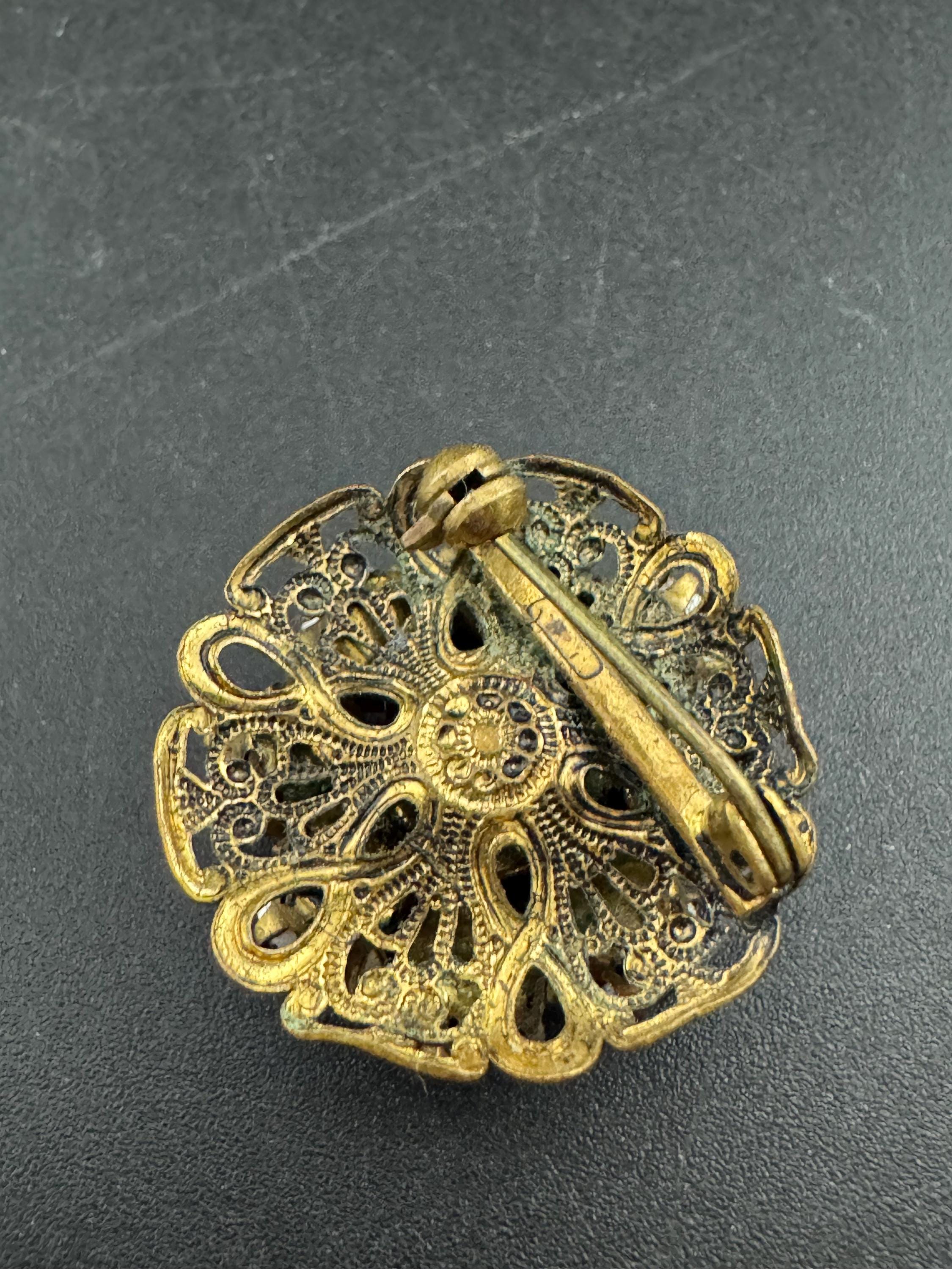 Antique Art Deco Czech Brooch: Gilt Filigree, yellow AB Aurora borealis Rhinestones