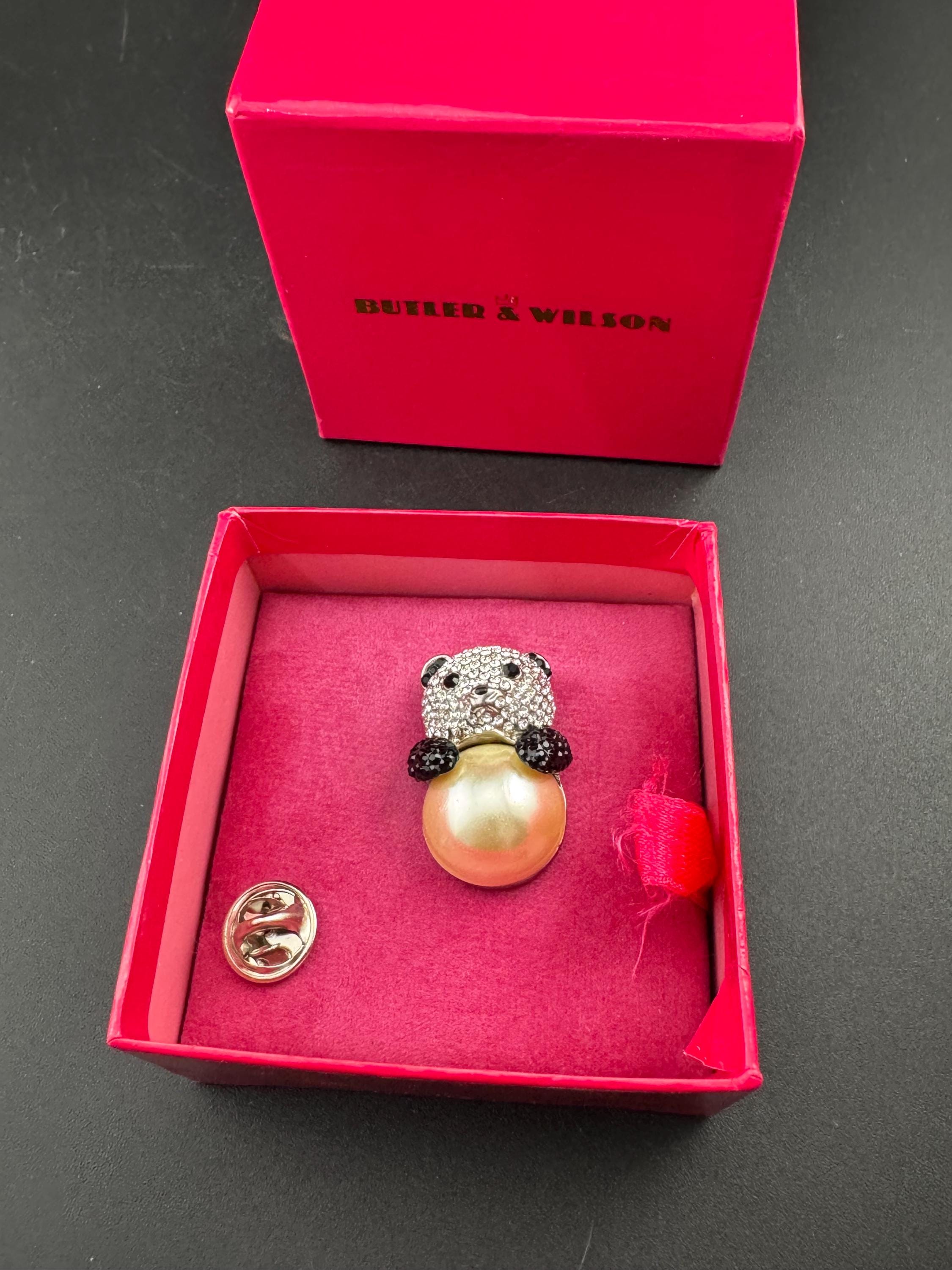 signed butler & Wilson novelty faux pearl diamanté rhinestone panda bear brooch lapel pin, boxed
