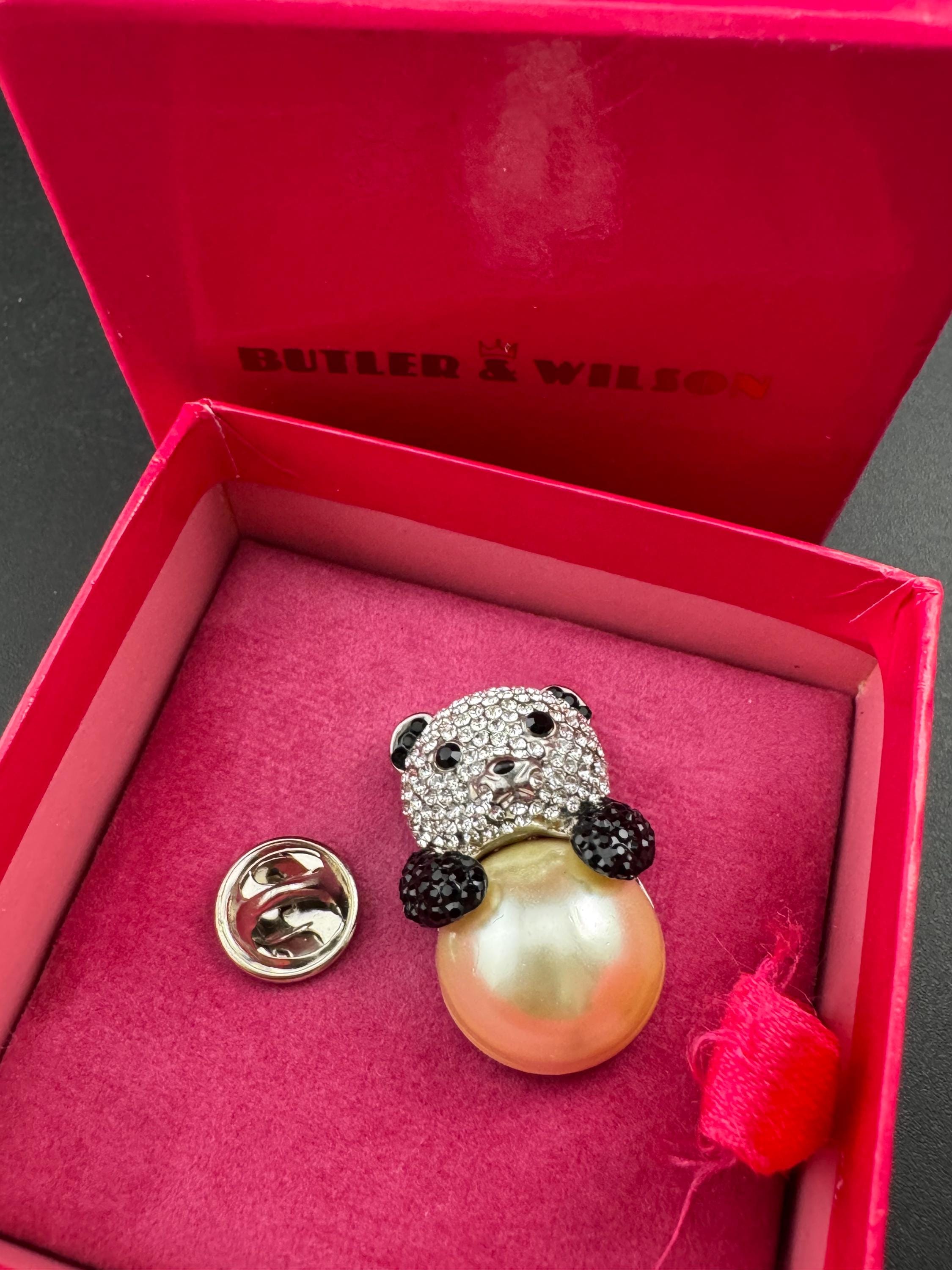 signed butler & Wilson novelty faux pearl diamanté rhinestone panda bear brooch lapel pin, boxed