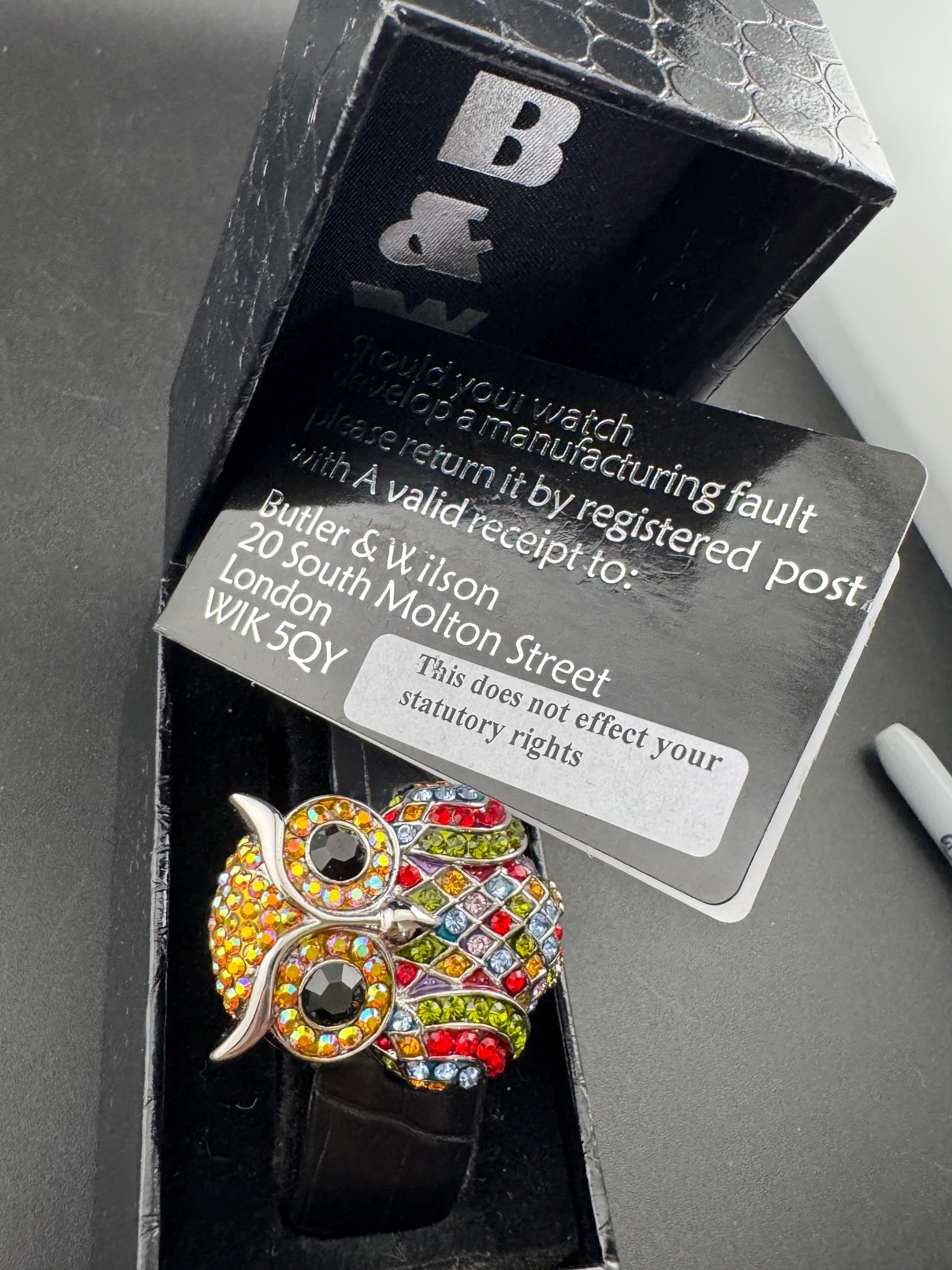 retro butler and Wilson rhinestone owl watch no battery , original box