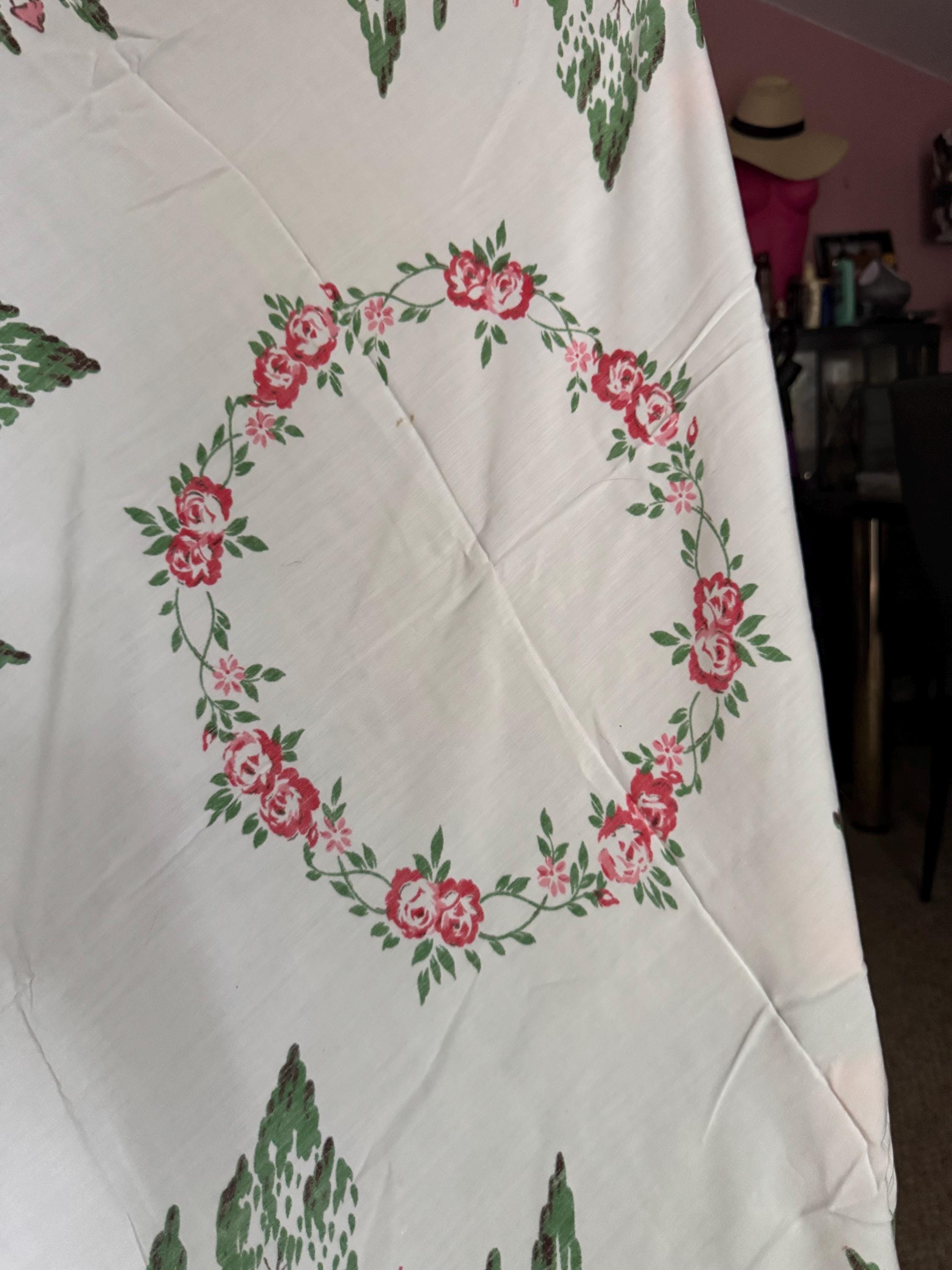 110cm large square vintage cotton tablecloth printed quth pretty pink florals and country house cottages