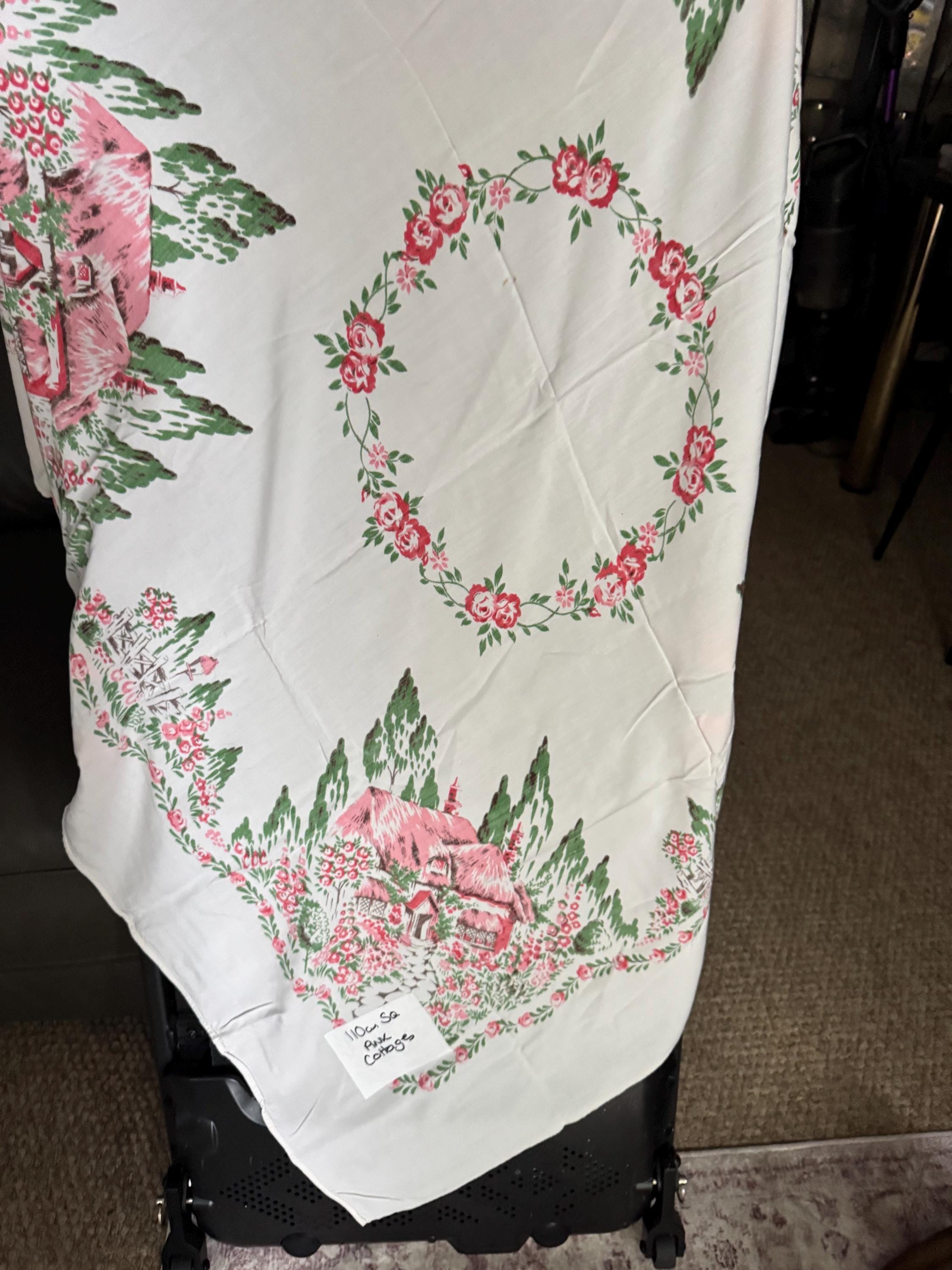 110cm large square vintage cotton tablecloth printed quth pretty pink florals and country house cottages