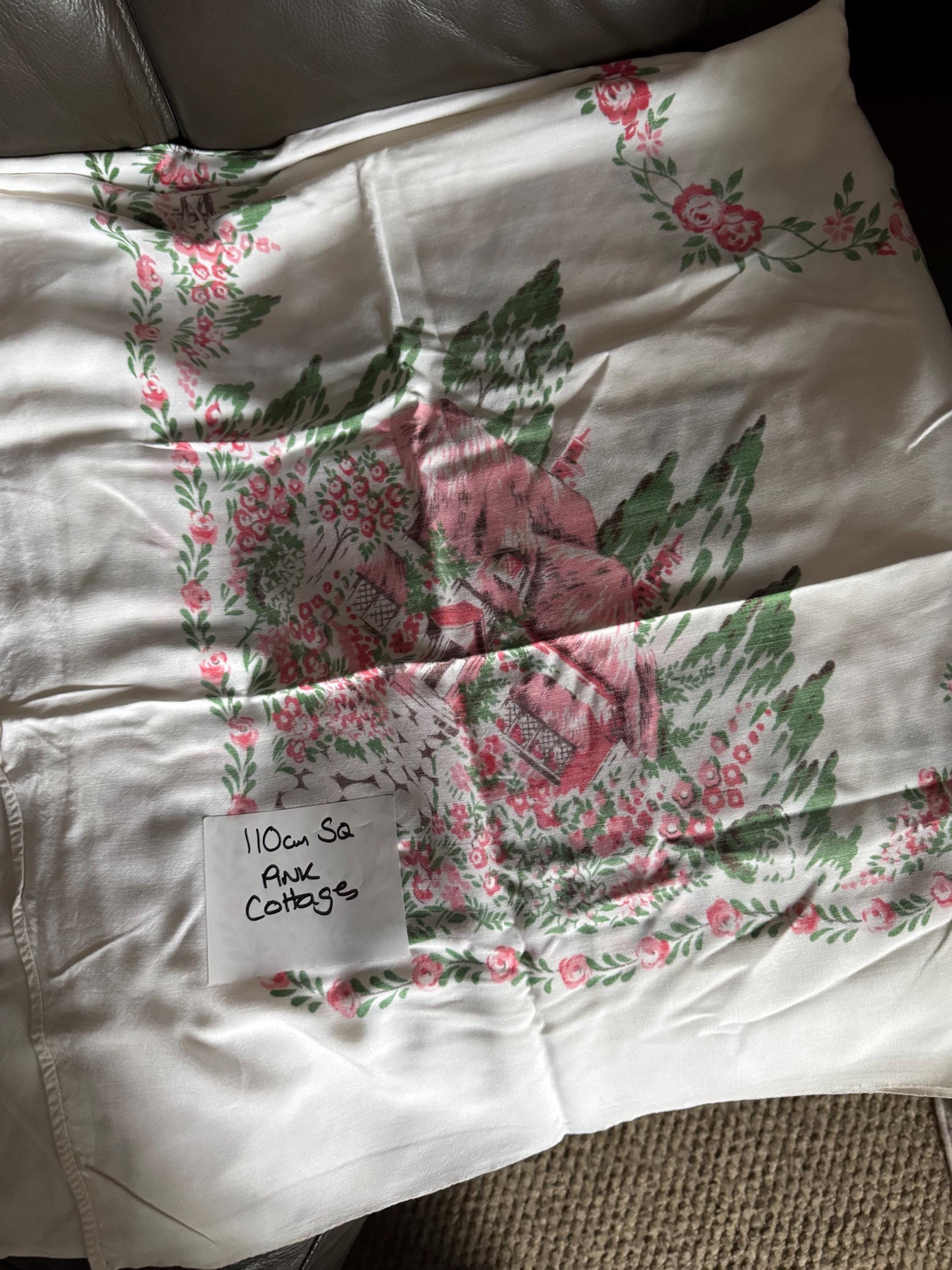 110cm large square vintage cotton tablecloth printed quth pretty pink florals and country house cottages