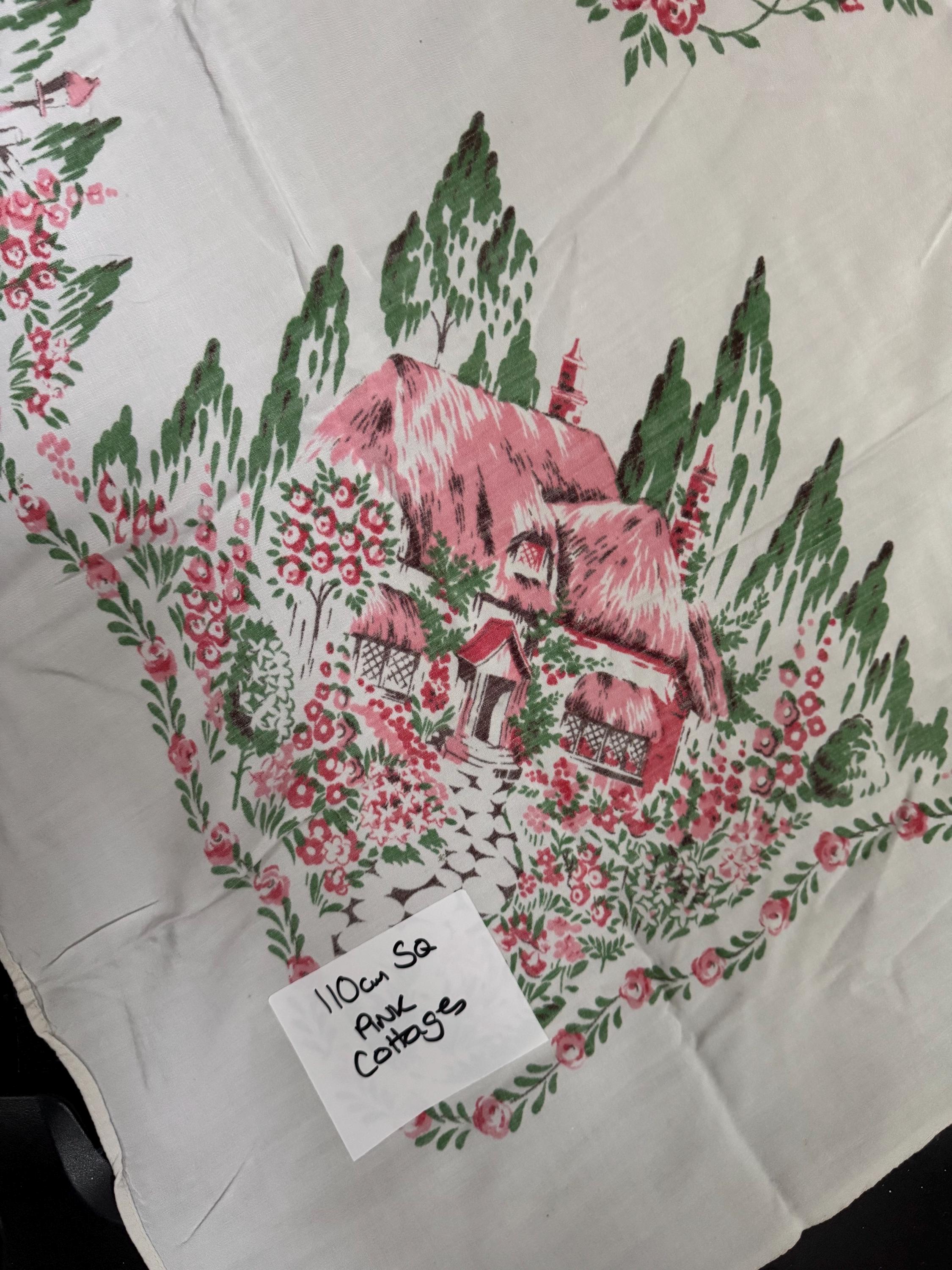 110cm large square vintage cotton tablecloth printed quth pretty pink florals and country house cottages