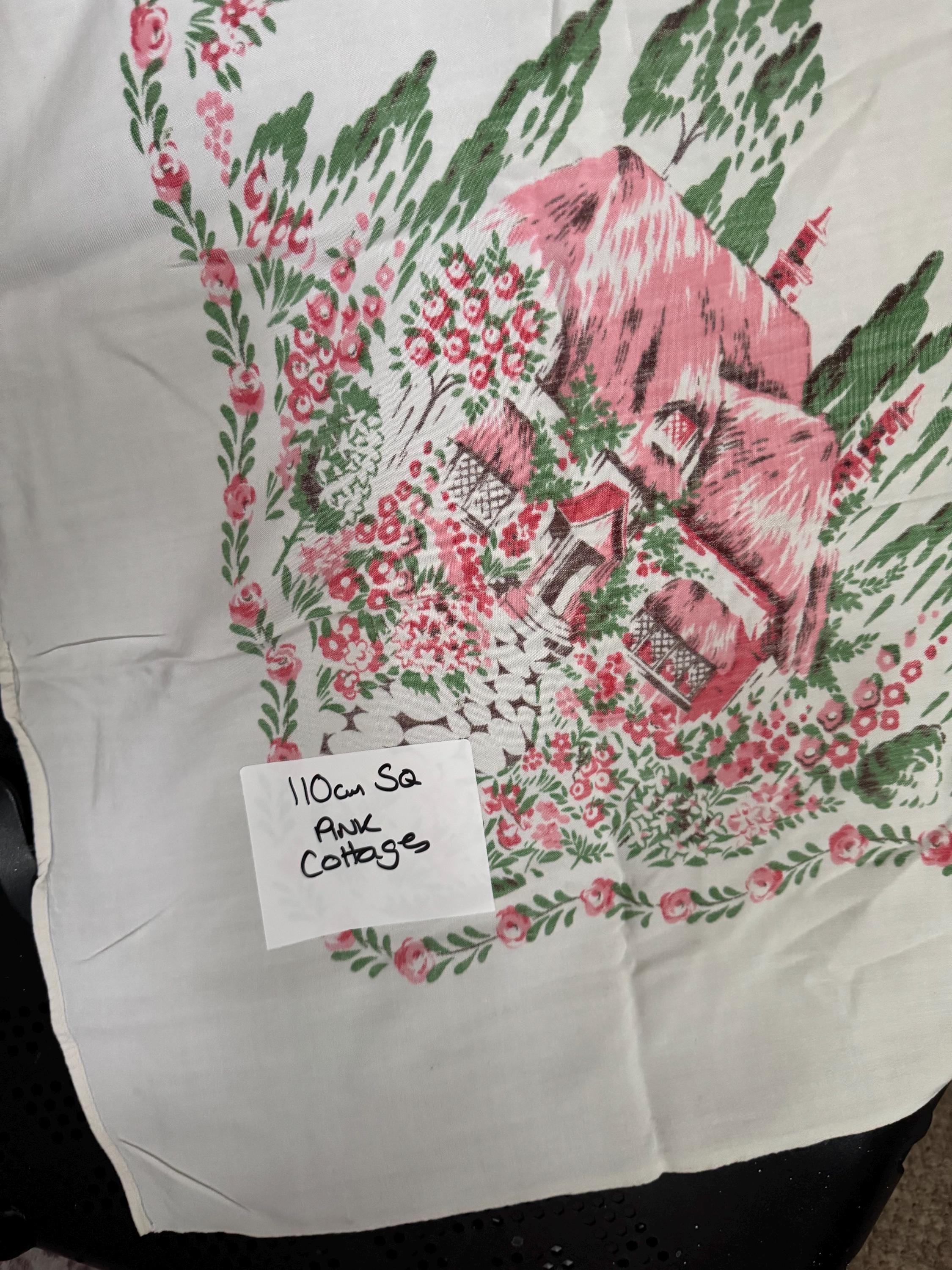 110cm large square vintage cotton tablecloth printed quth pretty pink florals and country house cottages