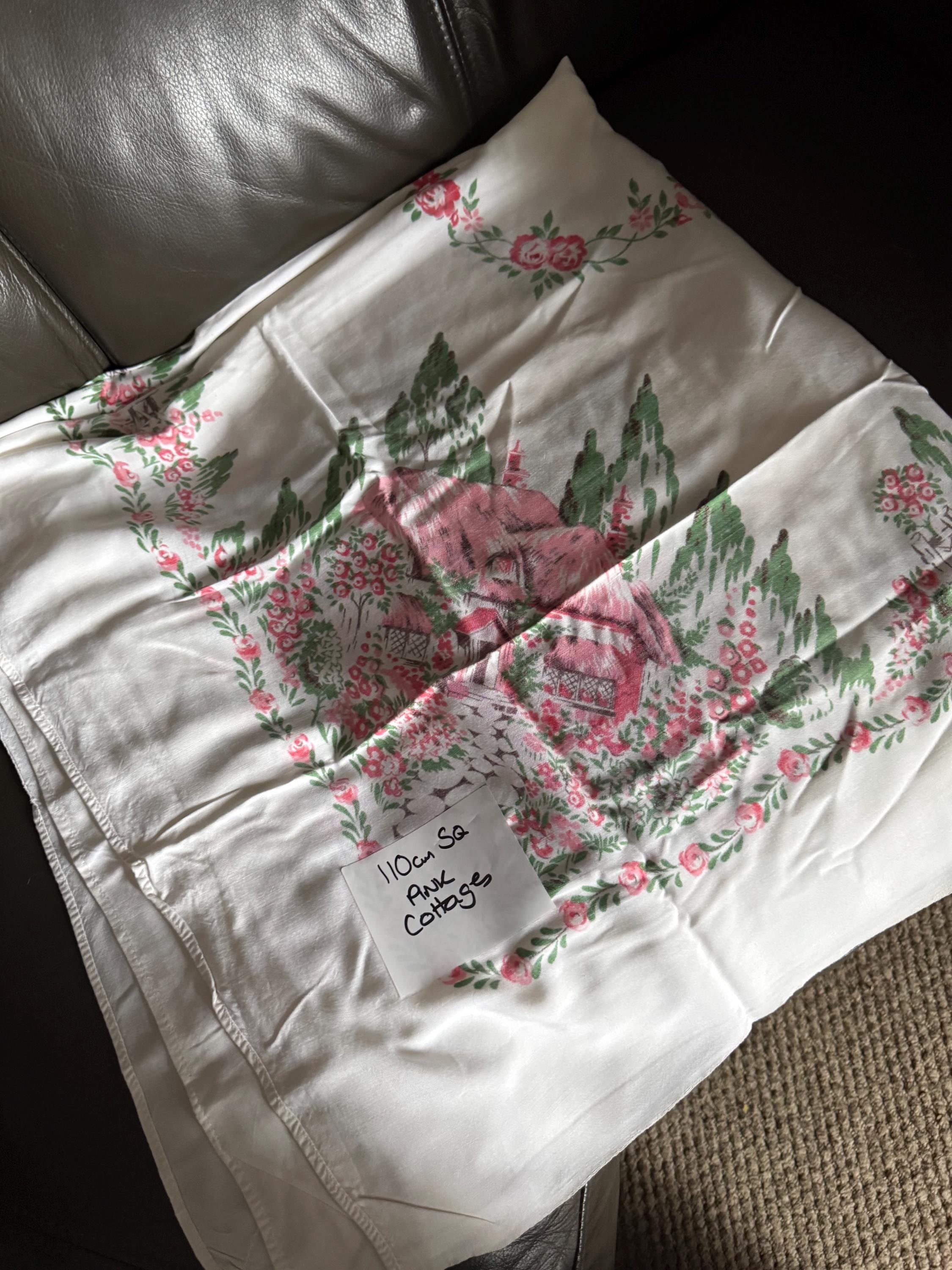 110cm large square vintage cotton tablecloth printed quth pretty pink florals and country house cottages