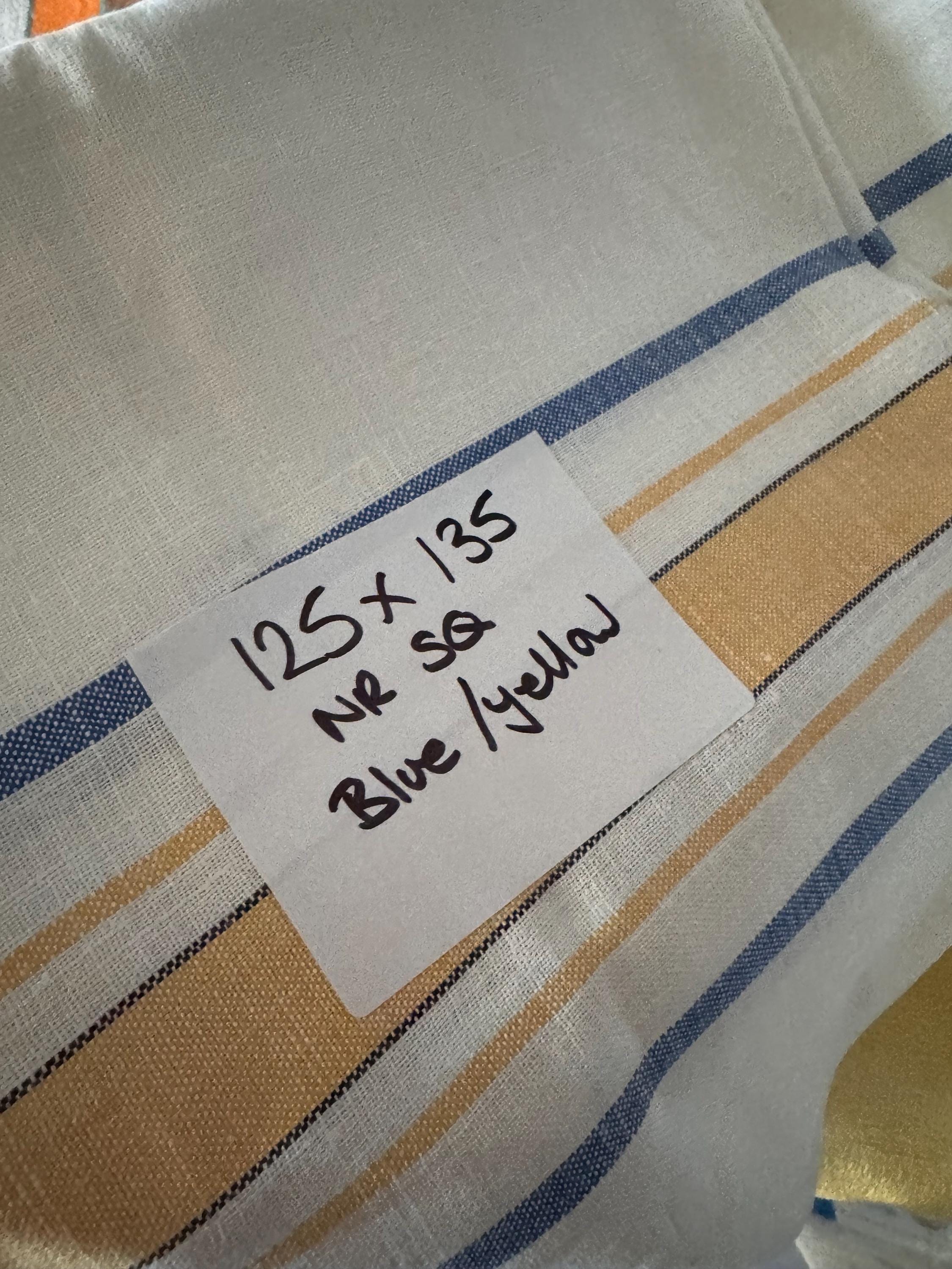 Large 135 x 125cm” near square off white with  blue and yellow geometric stripes and check large printed tablecloth