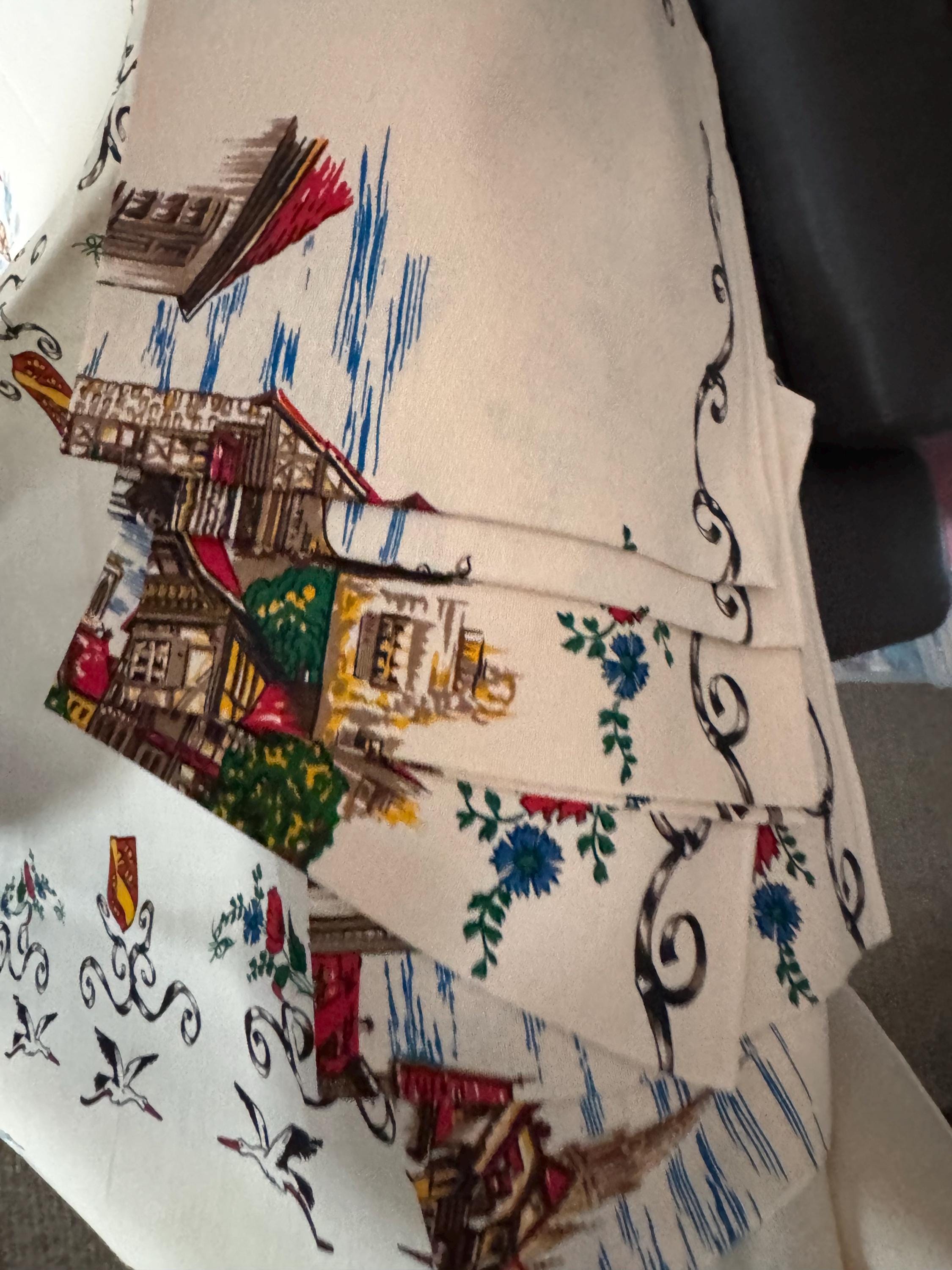 Retro 1970s french scenes large tablecloth 150x180cm plus Set 6 cream printed napkins , vintage linens set. Suit chateau dining room, rustic