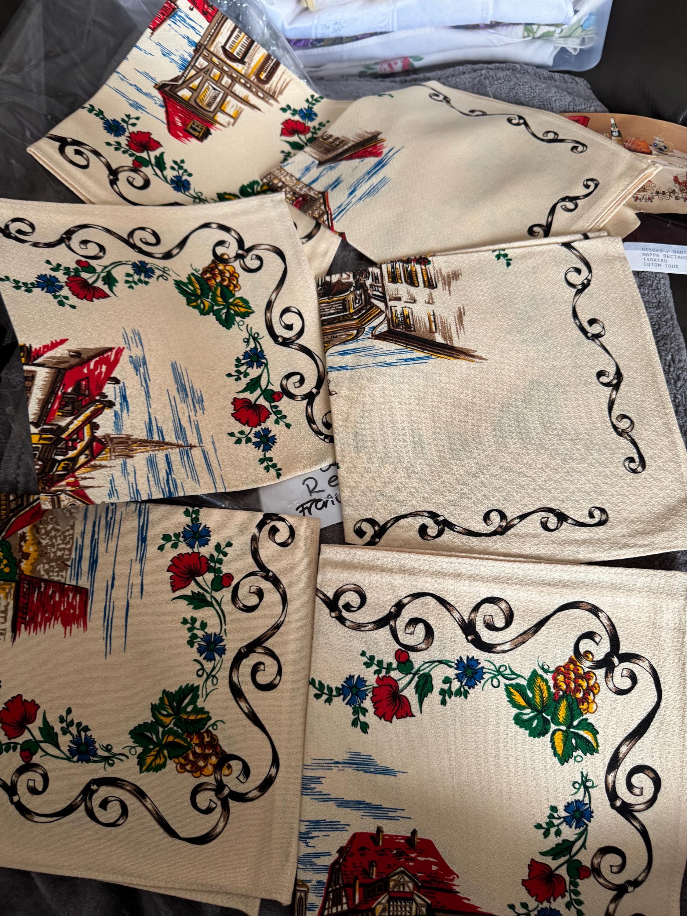 Retro 1970s french scenes large tablecloth 150x180cm plus Set 6 cream printed napkins , vintage linens set. Suit chateau dining room, rustic