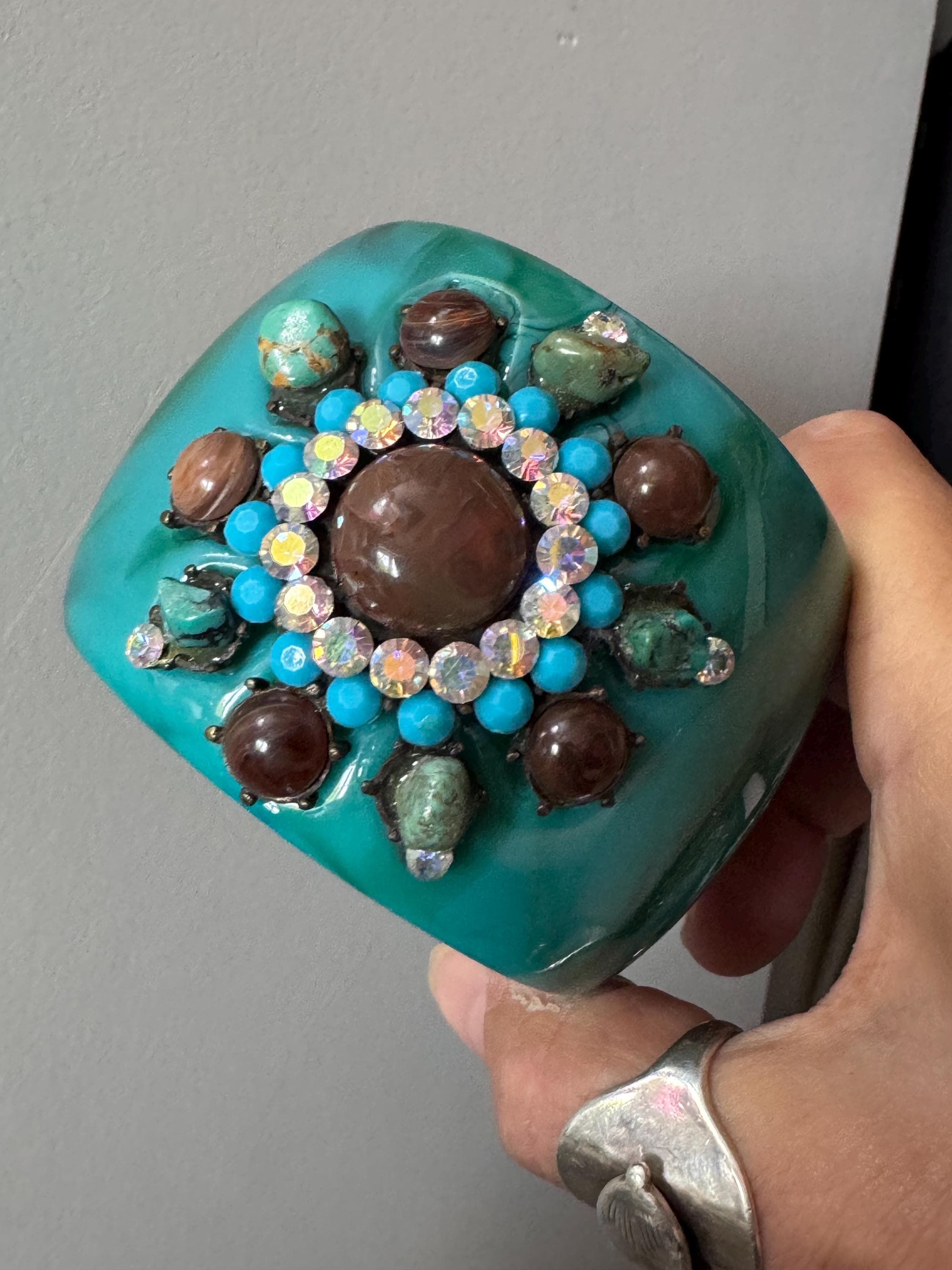 vintage oversized teal blue green AB rhinestone & Gemstone wide acrylic bangle