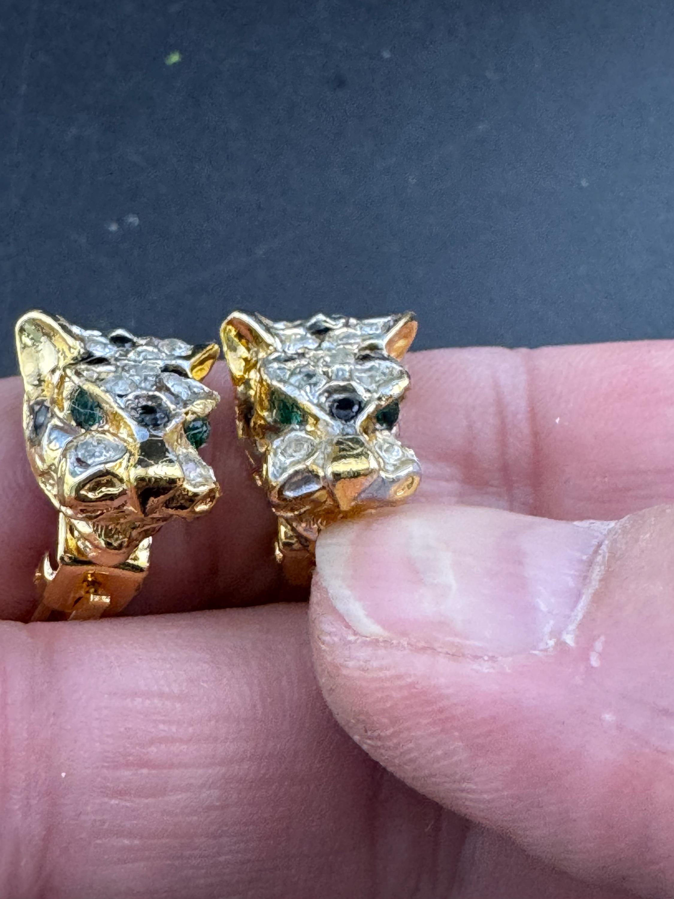 BIG CAT diamanté leopard clip on earrings tiger panther gold tone 1980s vintage