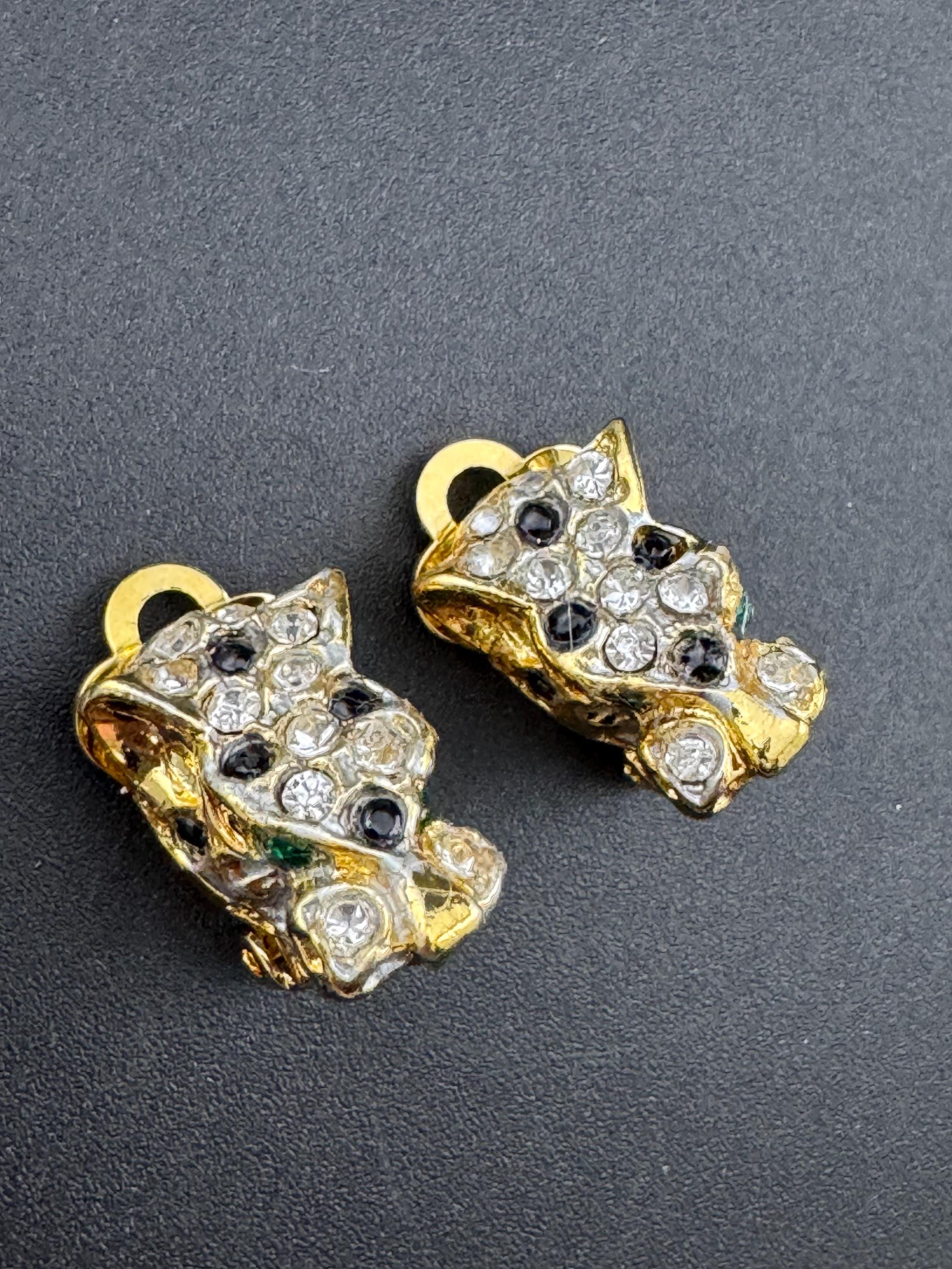 BIG CAT diamanté leopard clip on earrings tiger panther gold tone 1980s vintage