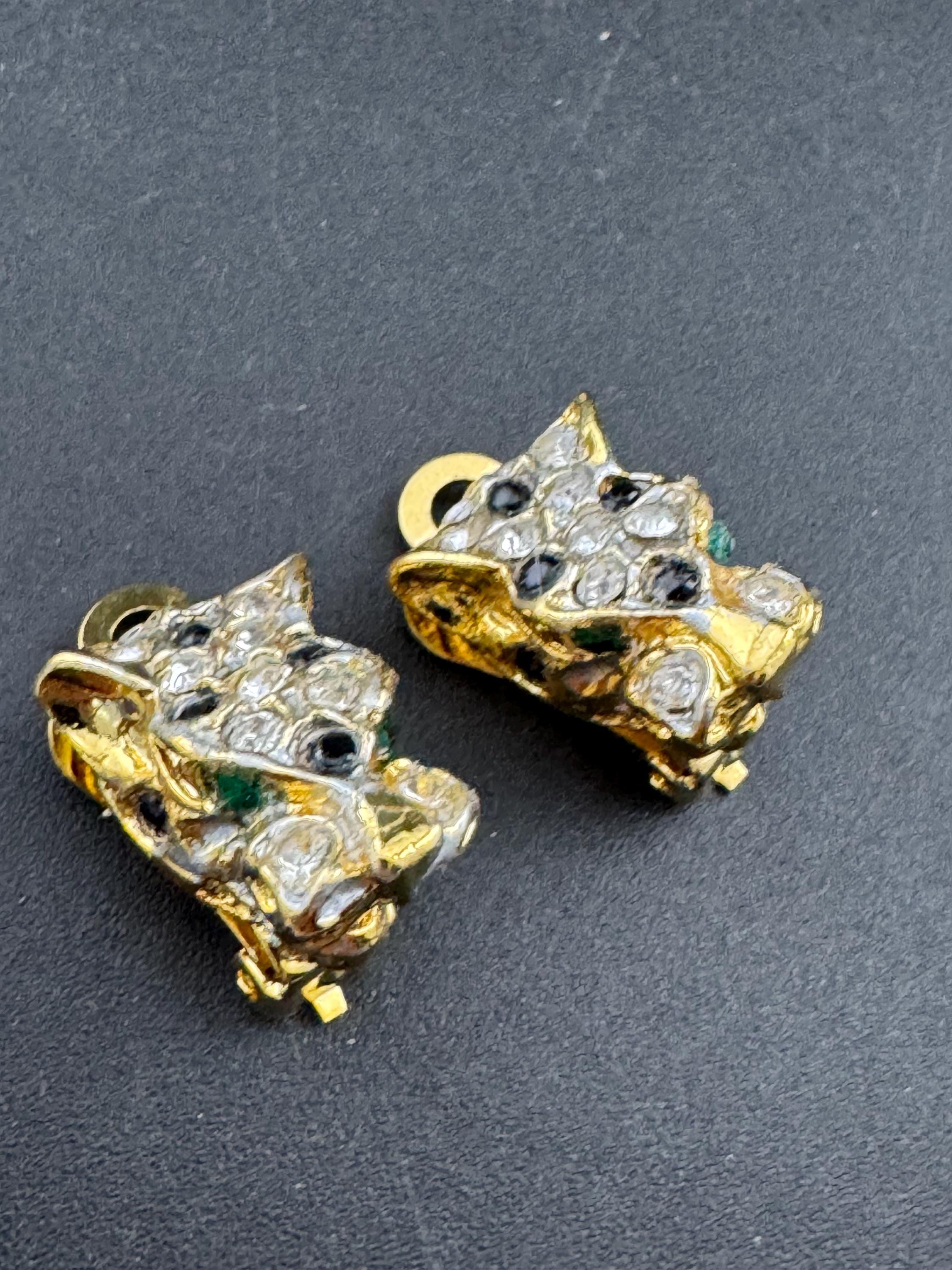 BIG CAT diamanté leopard clip on earrings tiger panther gold tone 1980s vintage