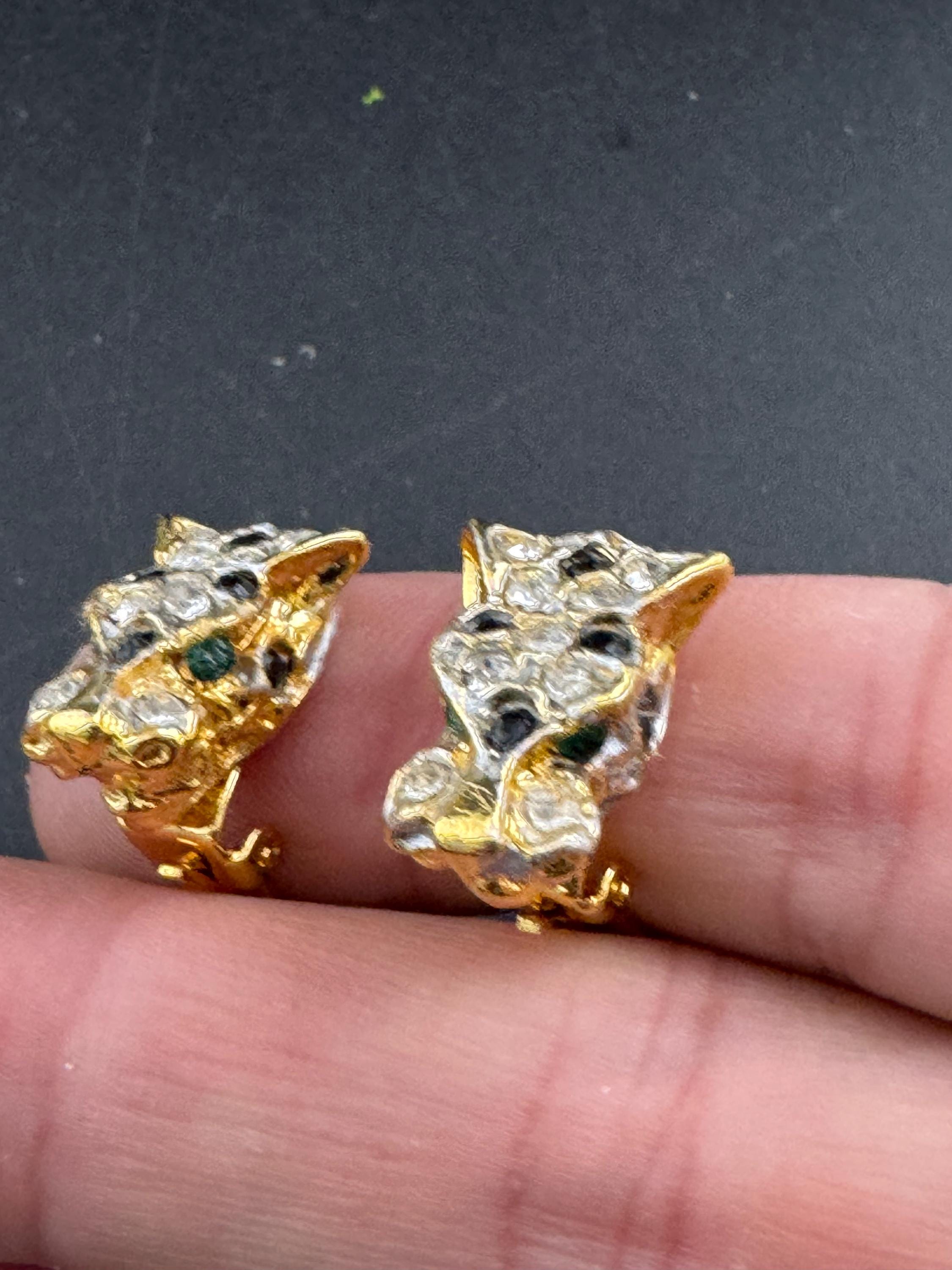 BIG CAT diamanté leopard clip on earrings tiger panther gold tone 1980s vintage