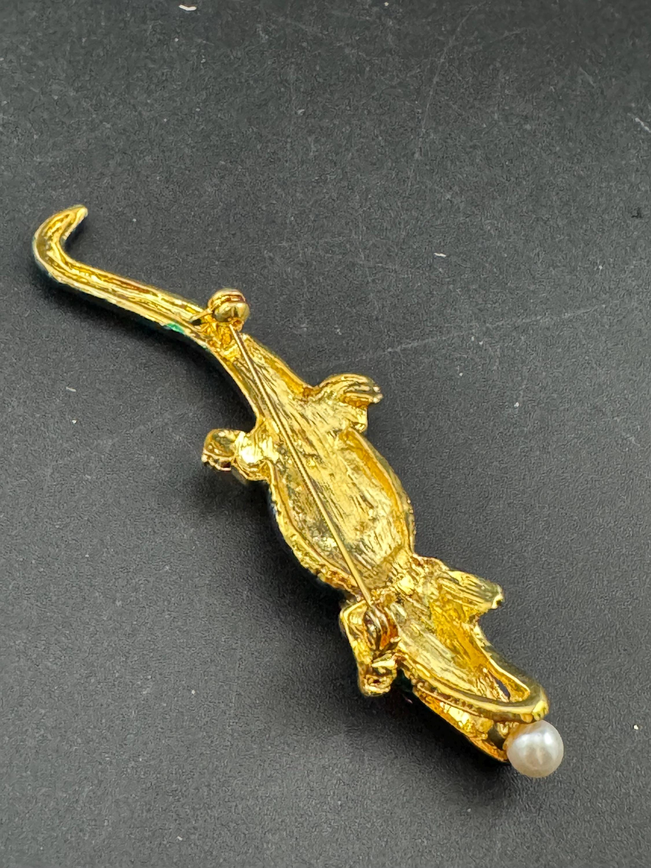 retro novelty crocodile alligator  brooch, gold tone green enamel and pearl