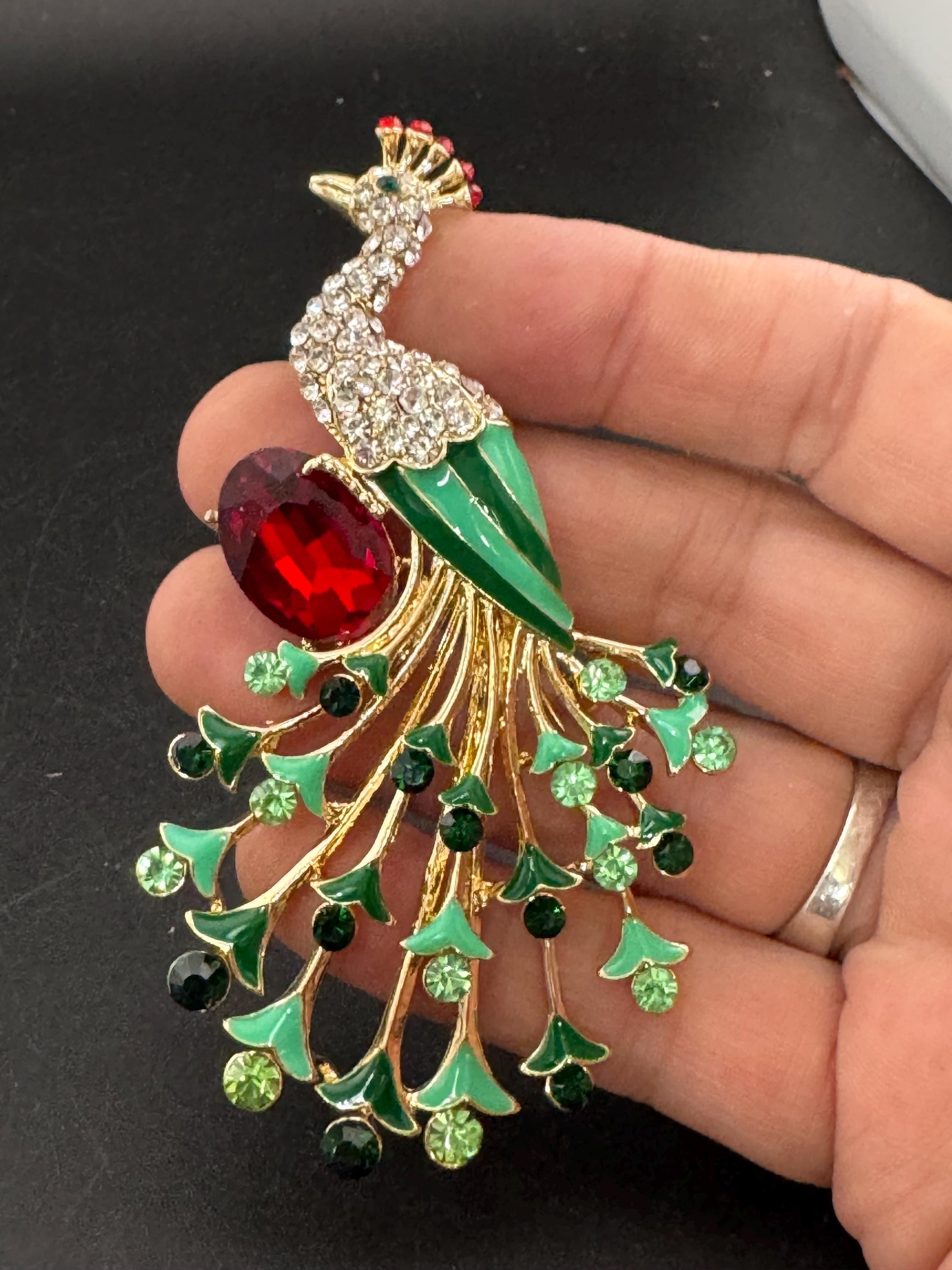 Retro green enamel Peacock Bird brooch white RG ruby red cabochon crystal