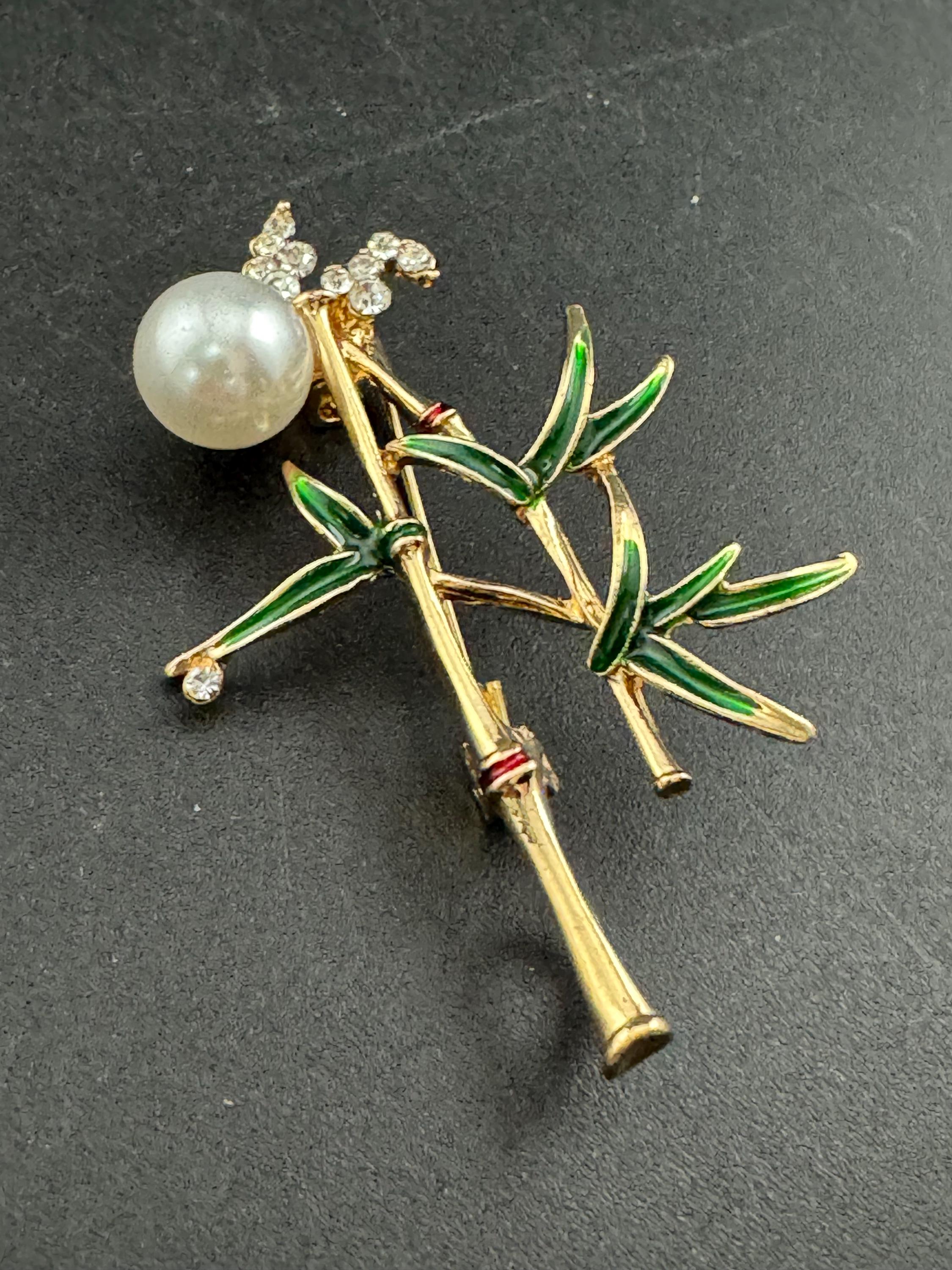 Retro pearl, green enamel and rhinestone  bamboo plant brooch gold tone