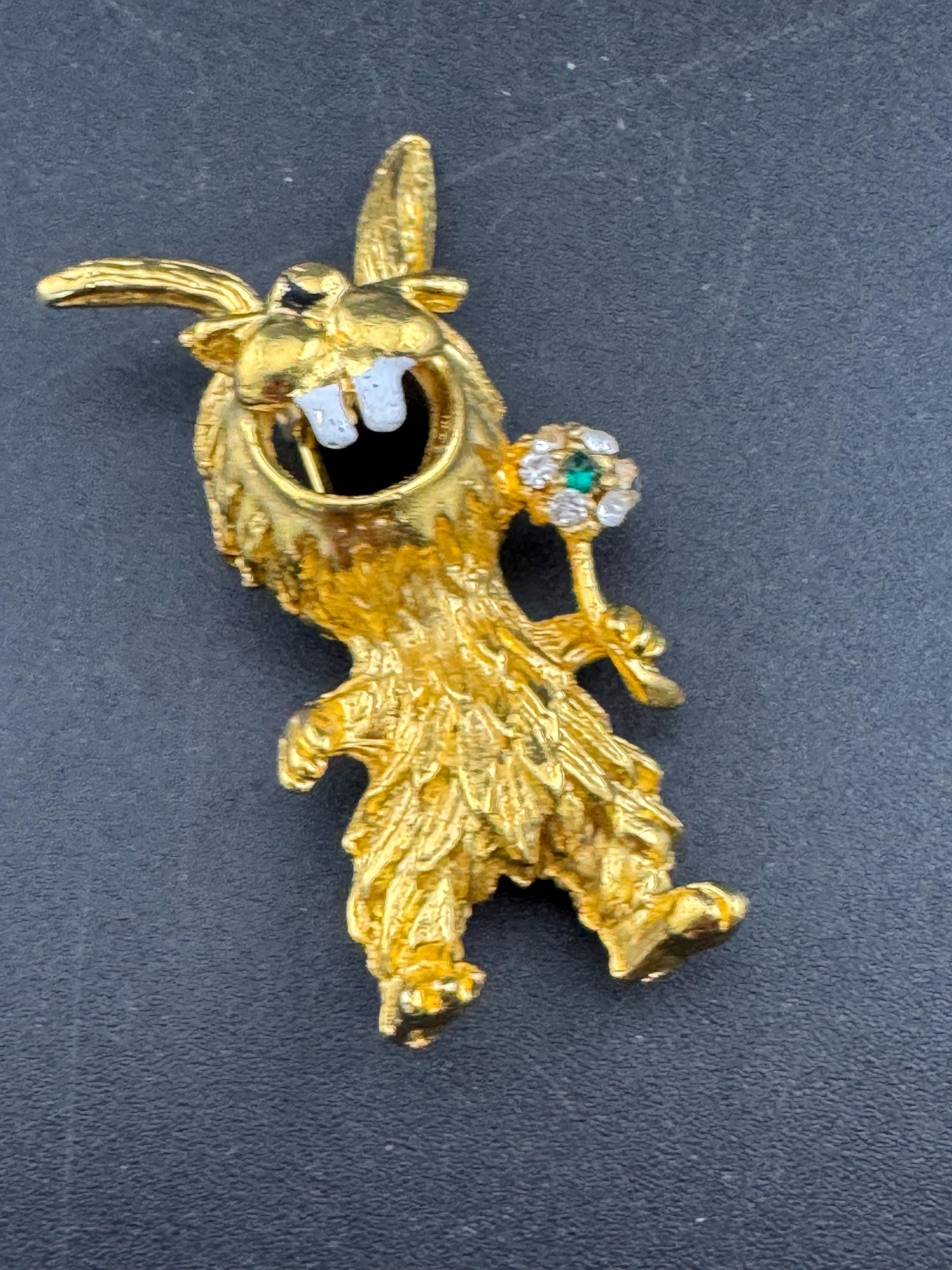 Novelty rabbit brooch, gold tone and emerald rhinestone