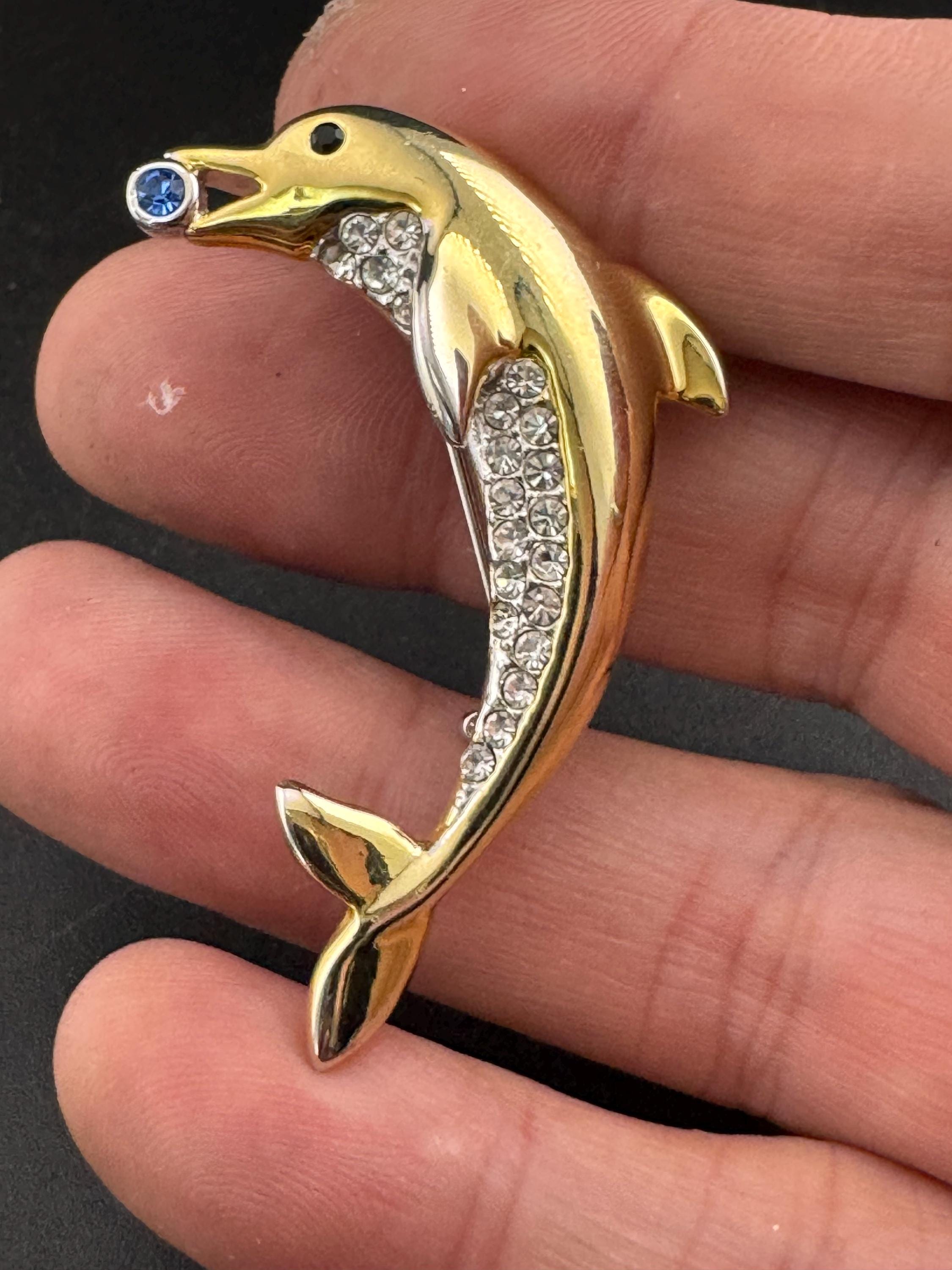 Vintage dolphin brooch, clear and sapphire crystal diamanté gold tone