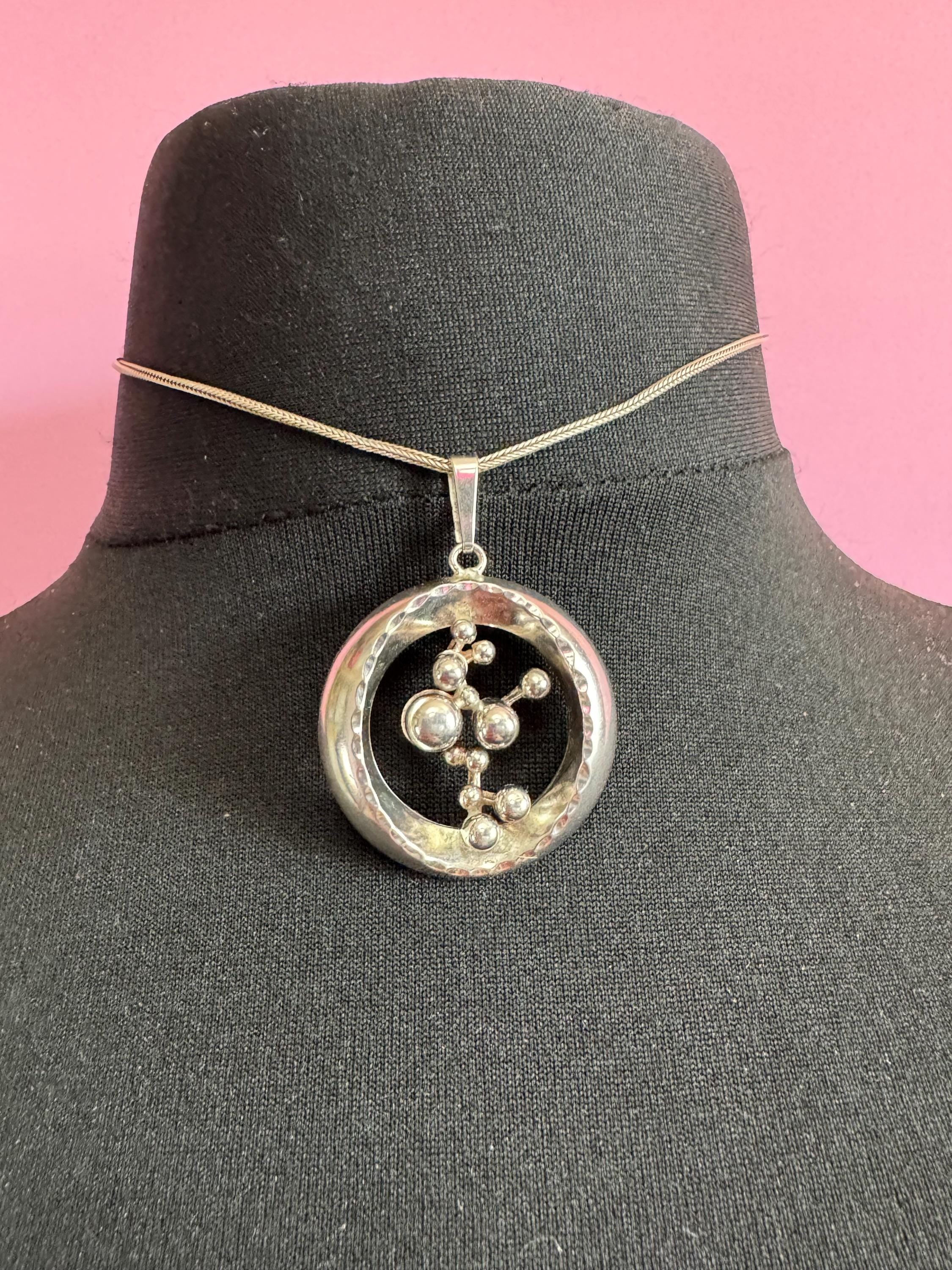 Signed A&D Andreas Daub 925 sterling Silver brutalist modernist ball bead pendant on an 38cm chain