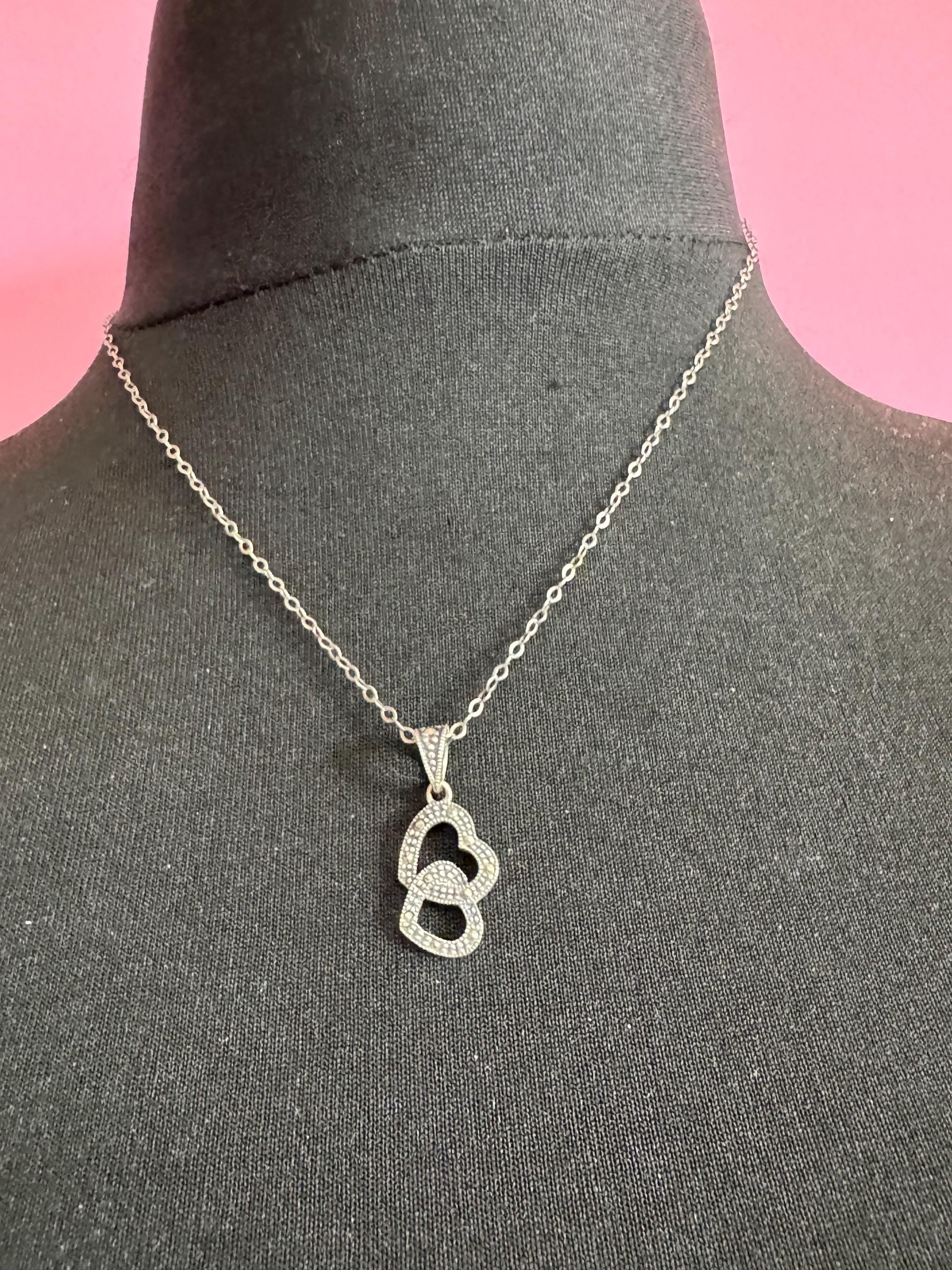 sterling silver and marcasite double love heart shaped pendant 3cm 3.6 grams on a 46cm 925 chain