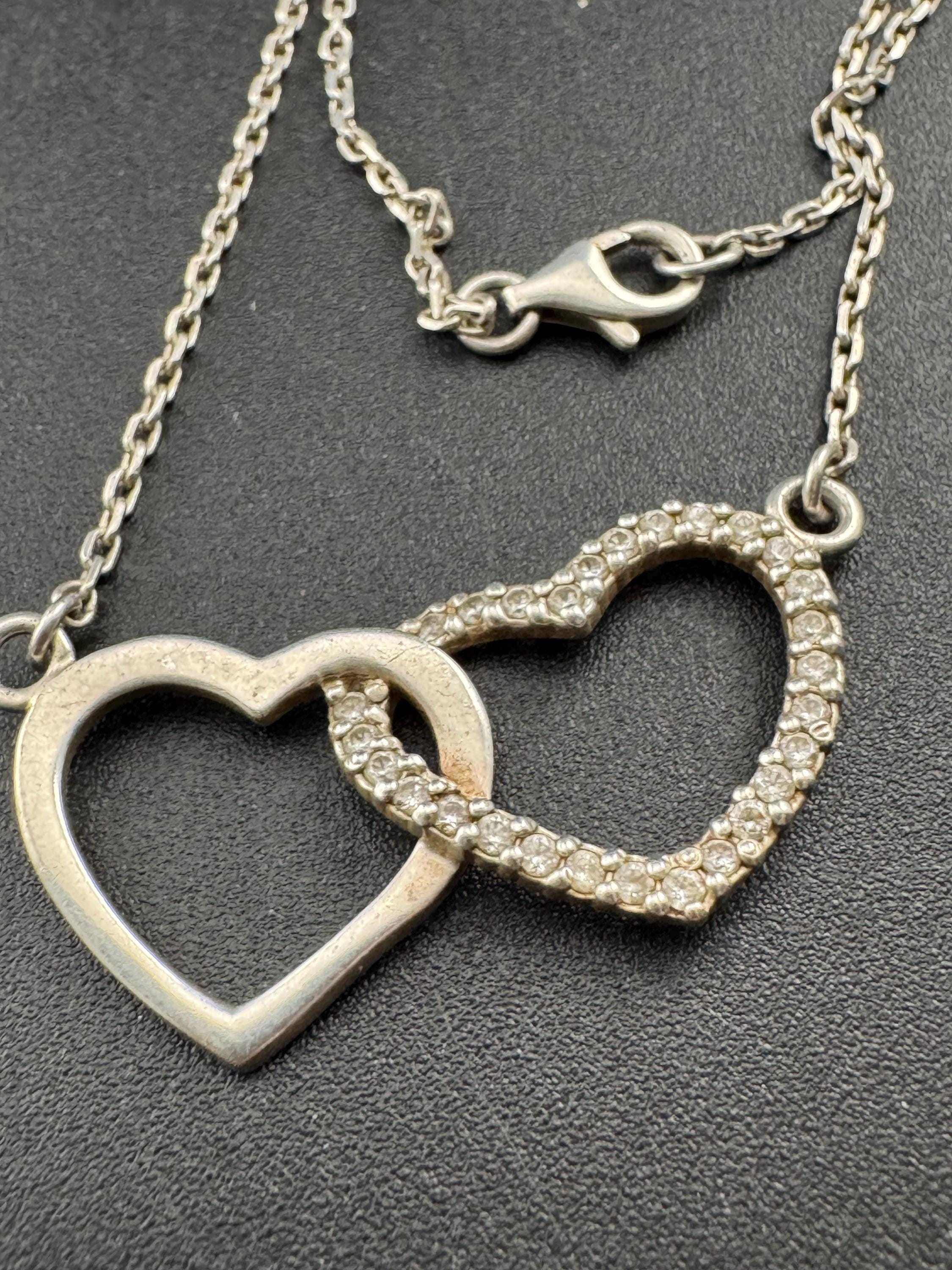 retro 925 Sterling silver CZ diamanté double heart pendant necklace on a 41 cm chain