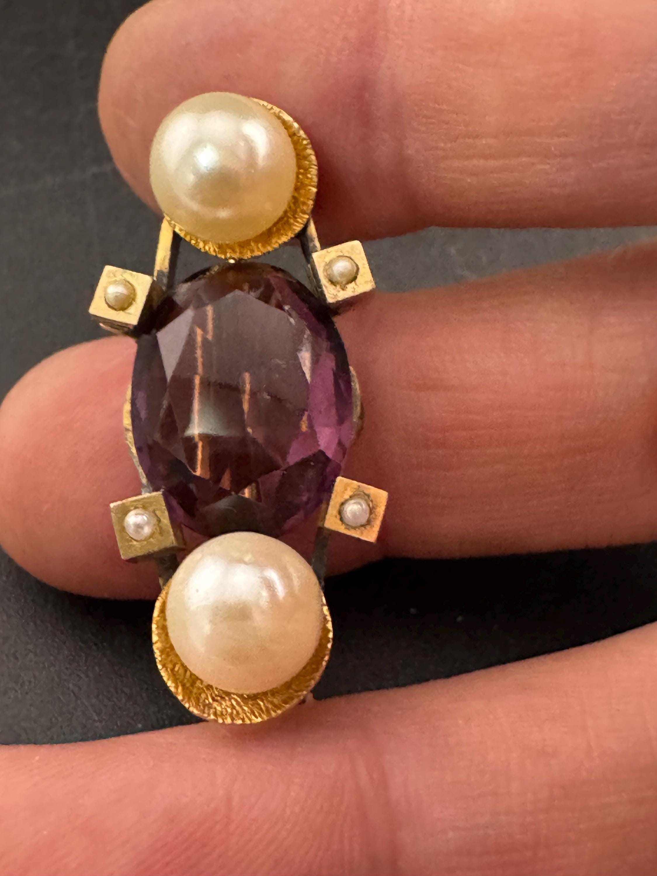 Antique amethyst purple glass and pearl brooch , as found
