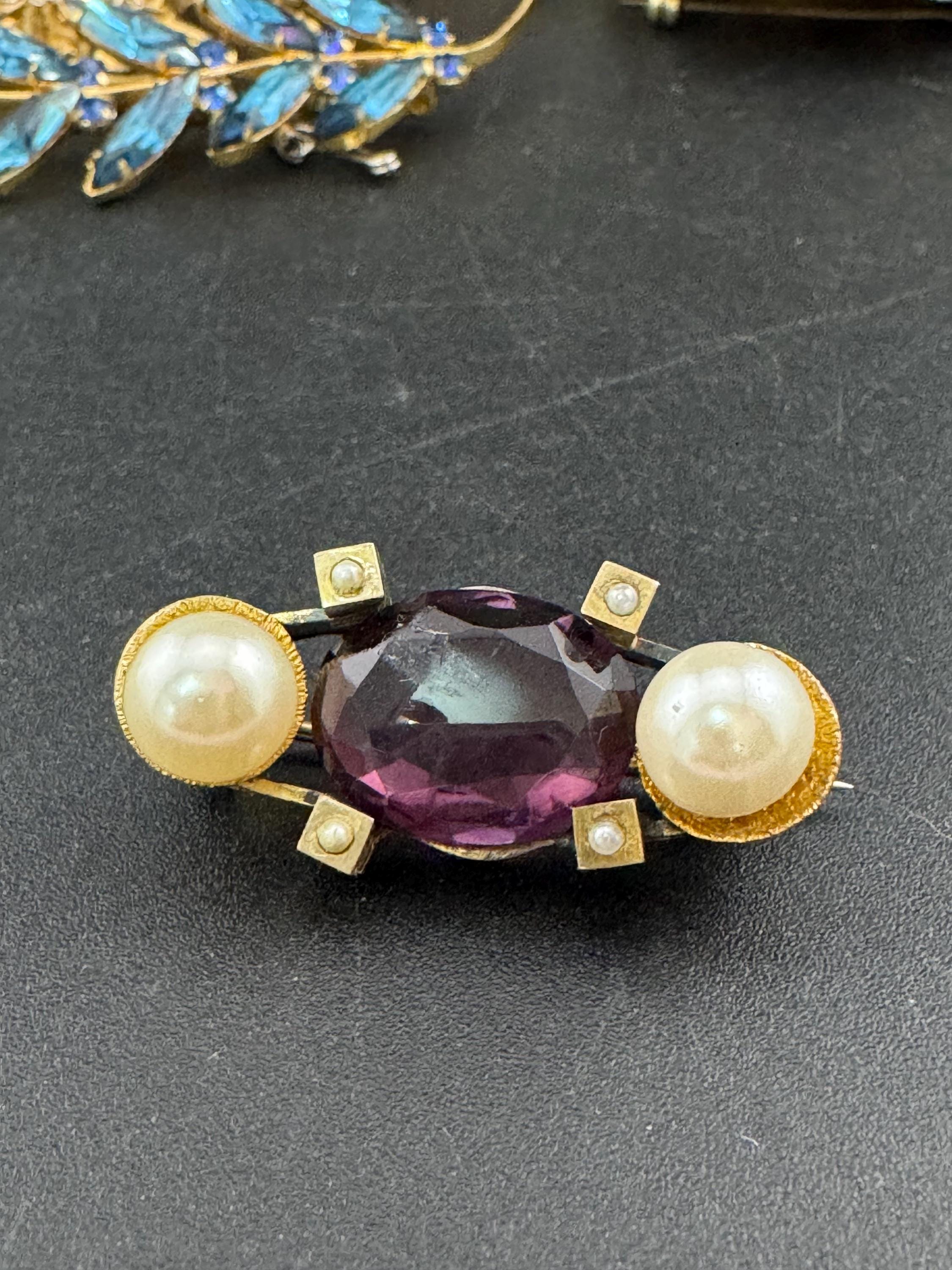 Antique amethyst purple glass and pearl brooch , as found