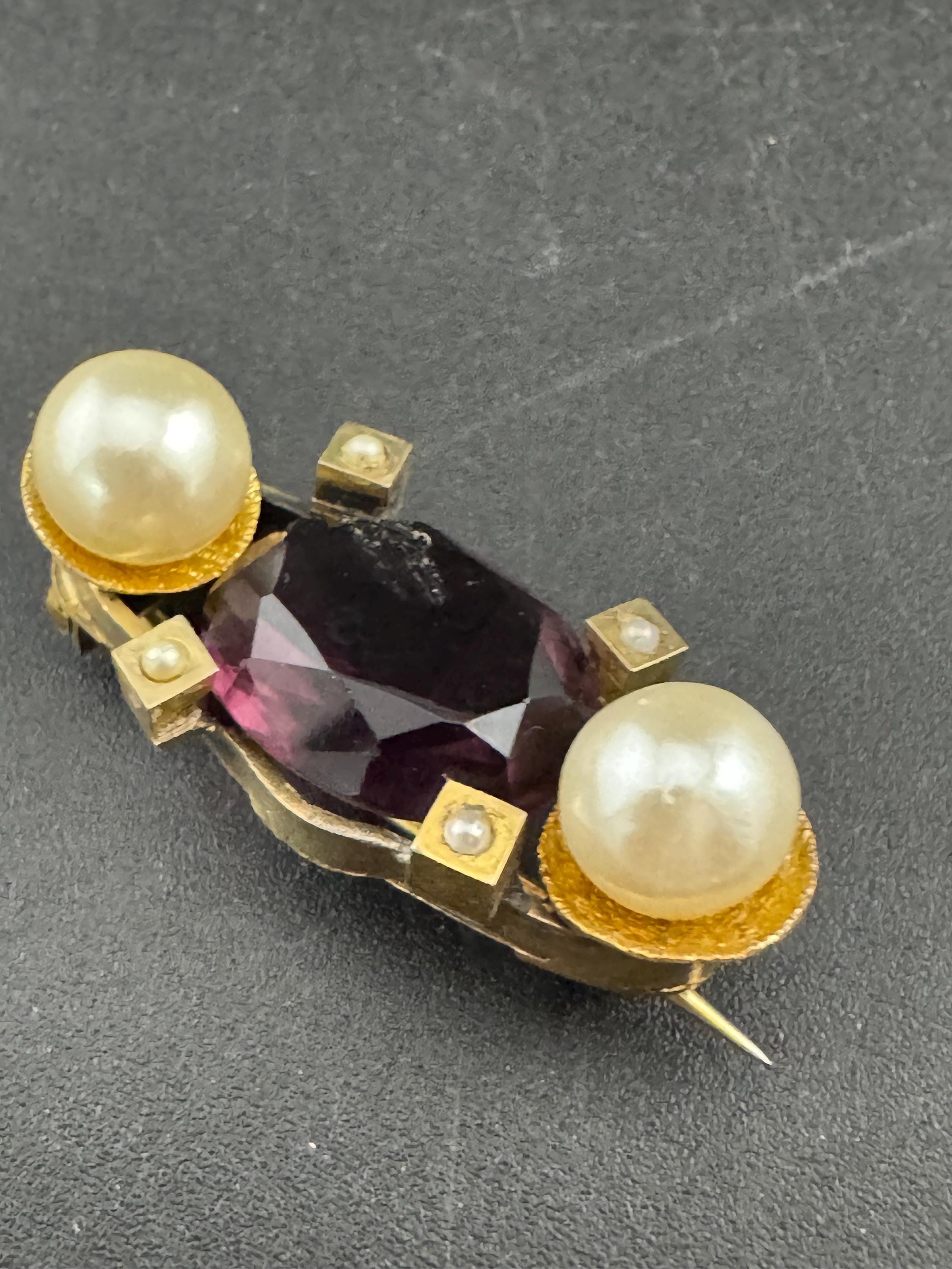 Antique amethyst purple glass and pearl brooch , as found